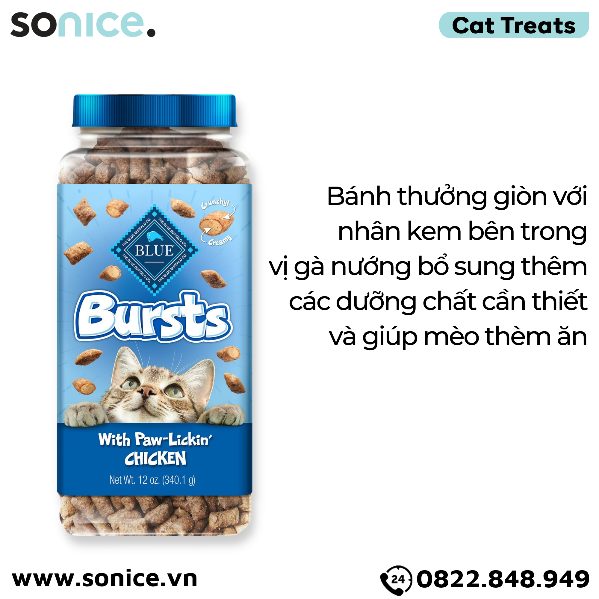  Treats mèo BLUE Bursts Paw Lickin Chicken 340g - bánh thưởng mèo vị gà nướng SONICE. 