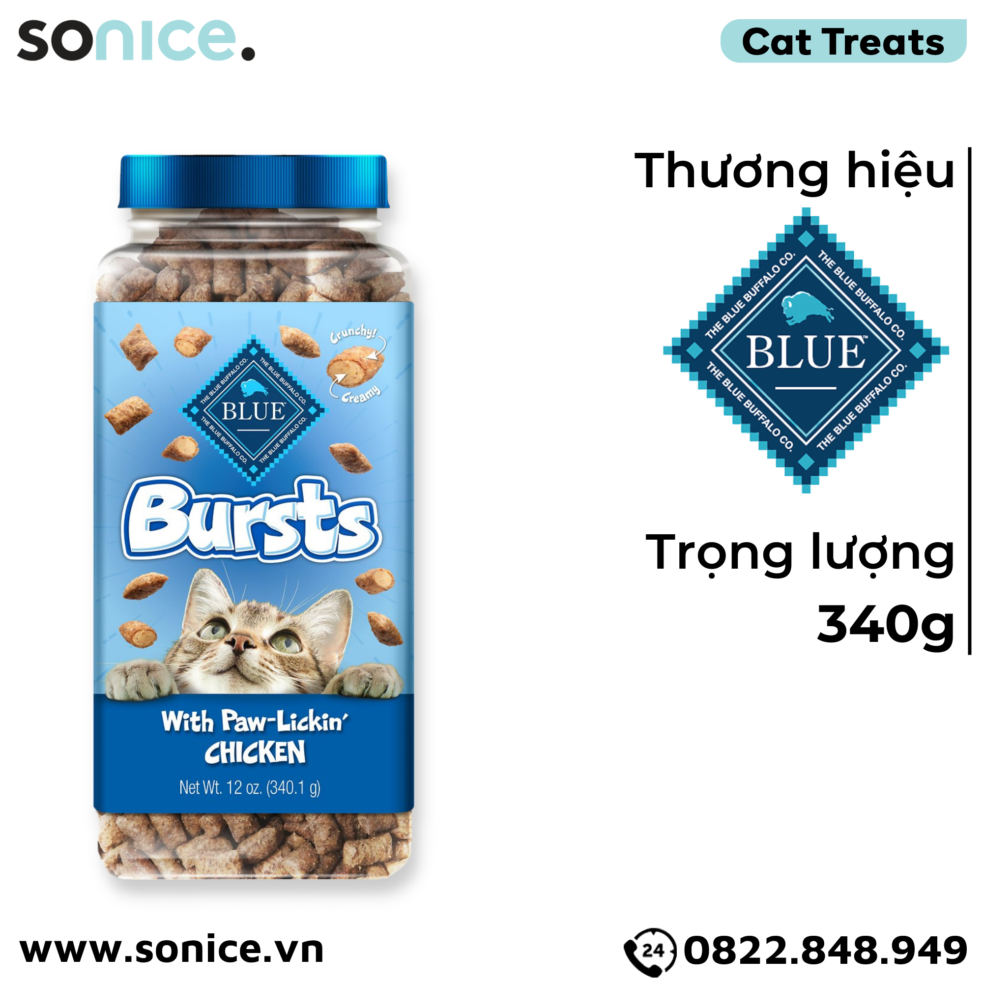  Treats mèo BLUE Bursts Paw Lickin Chicken 340g - bánh thưởng mèo vị gà nướng SONICE. 