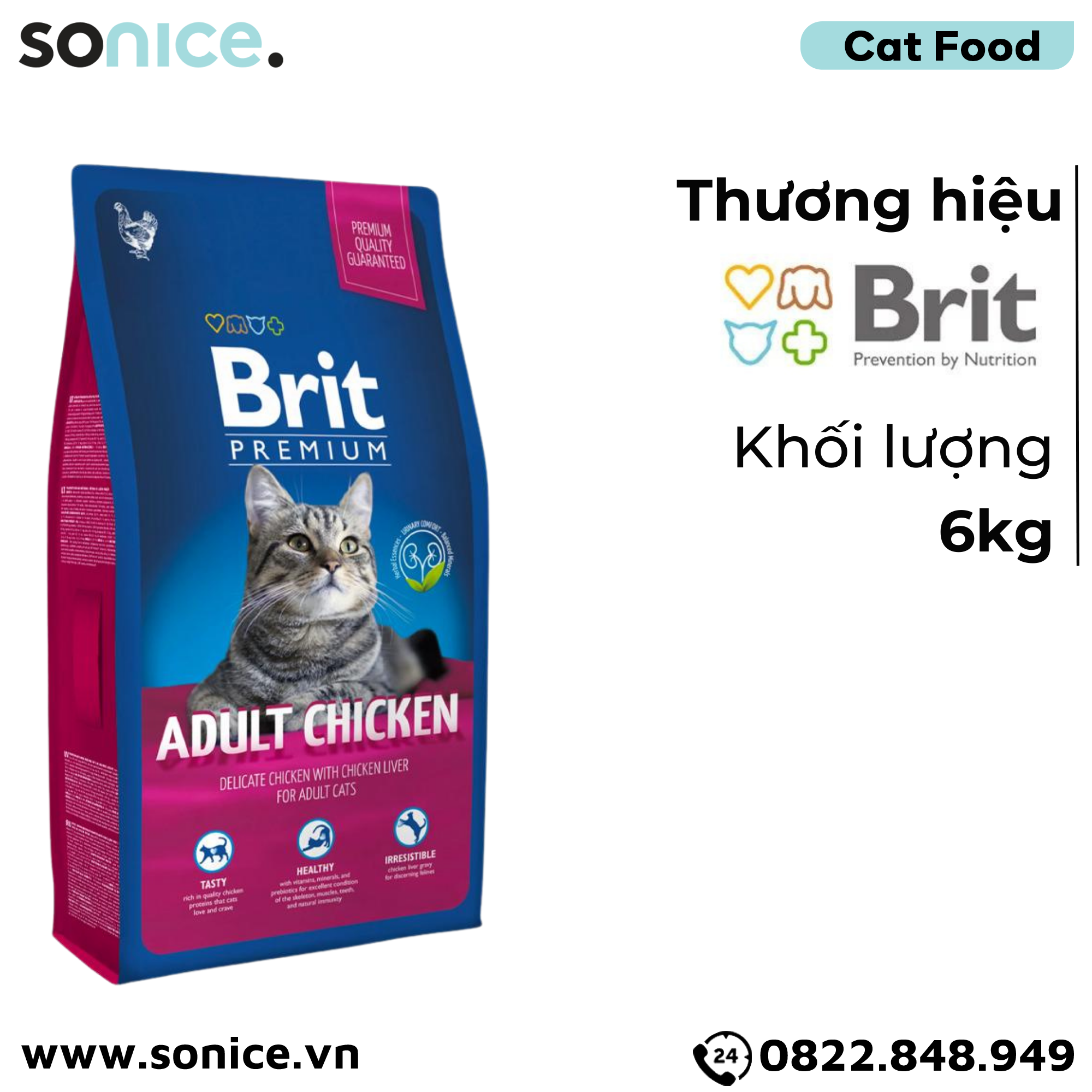  Thức ăn mèo Brit Premium Adult Chicken 6kg - Dành cho mèo trưởng thành vị Gà SONICE. 