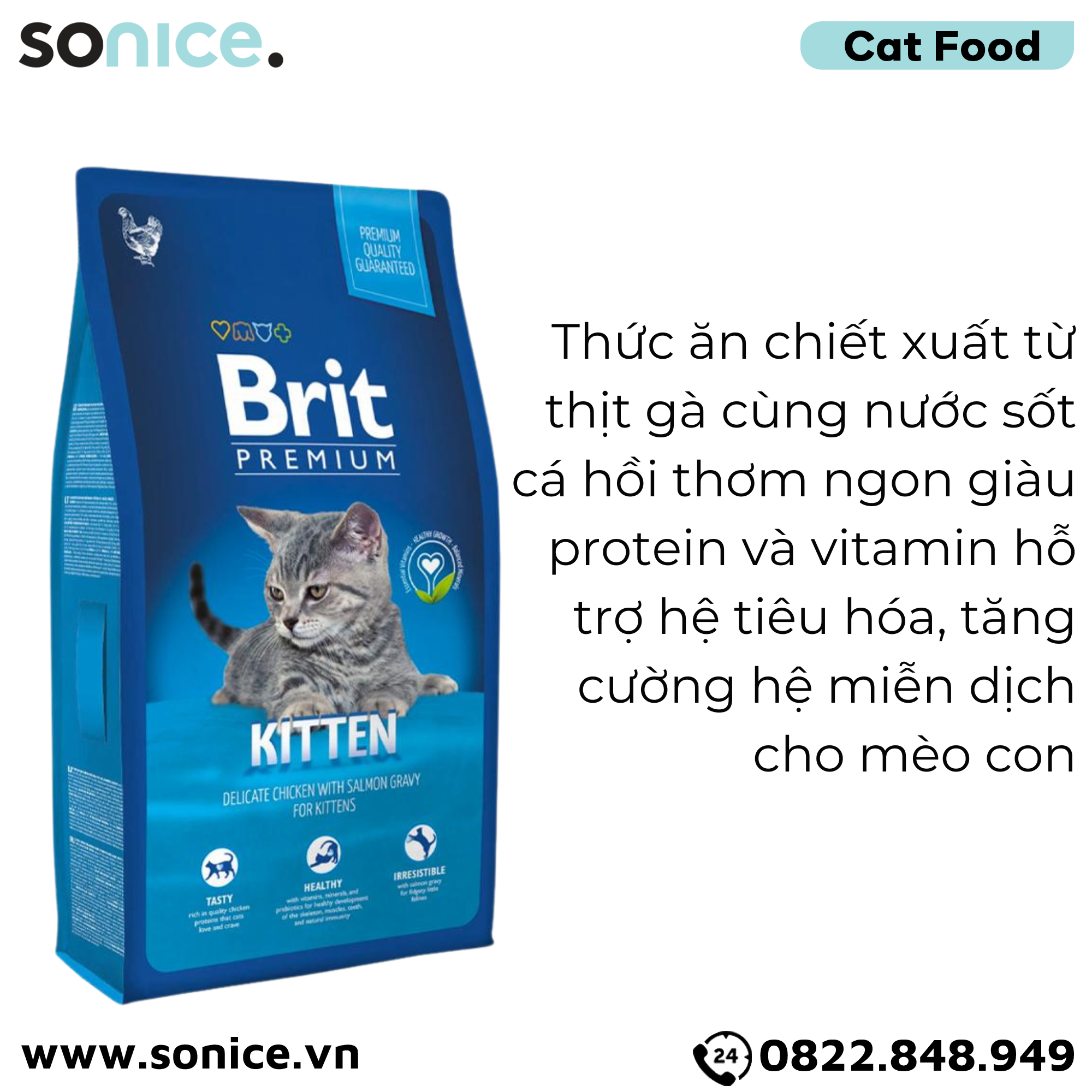  Thức ăn mèo Brit Premium Kitten Chicken & Salmon 1.5kg - Dành cho mèo con vị Gà và Cá hồi SONICE. 