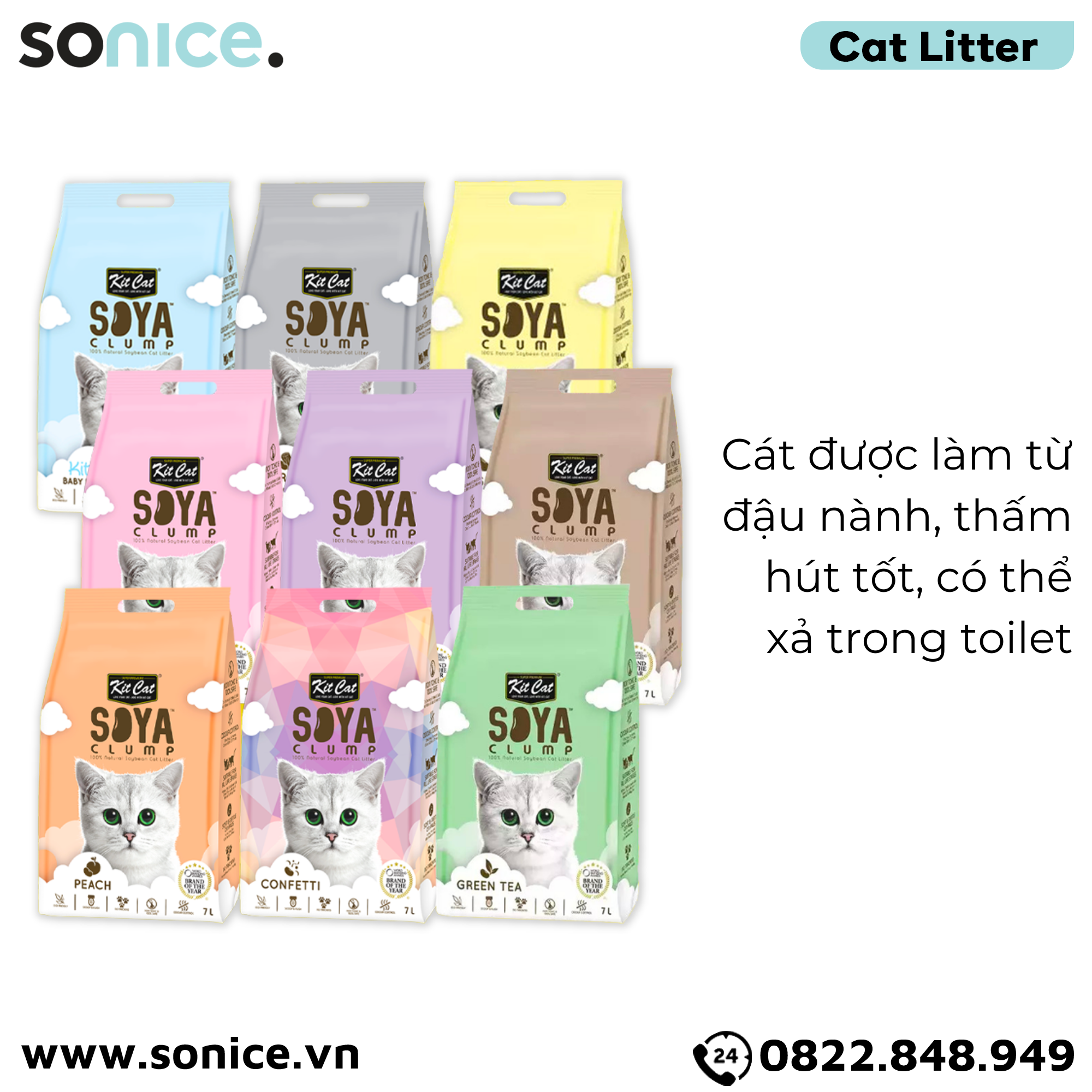  Cát vệ sinh mèo KitCat Soya Clump Litter 7L - Làm từ đậu nành tofu SONICE. 