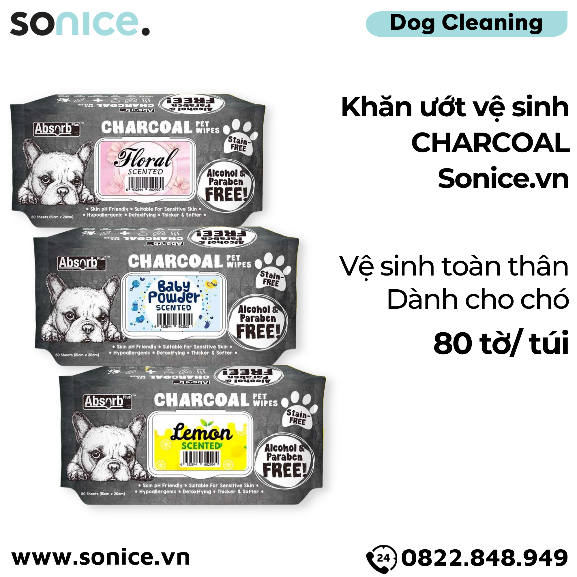  Khăn ướt vệ sinh Charcoal - 80 Miếng - 6 Mùi Hương SONICE. 