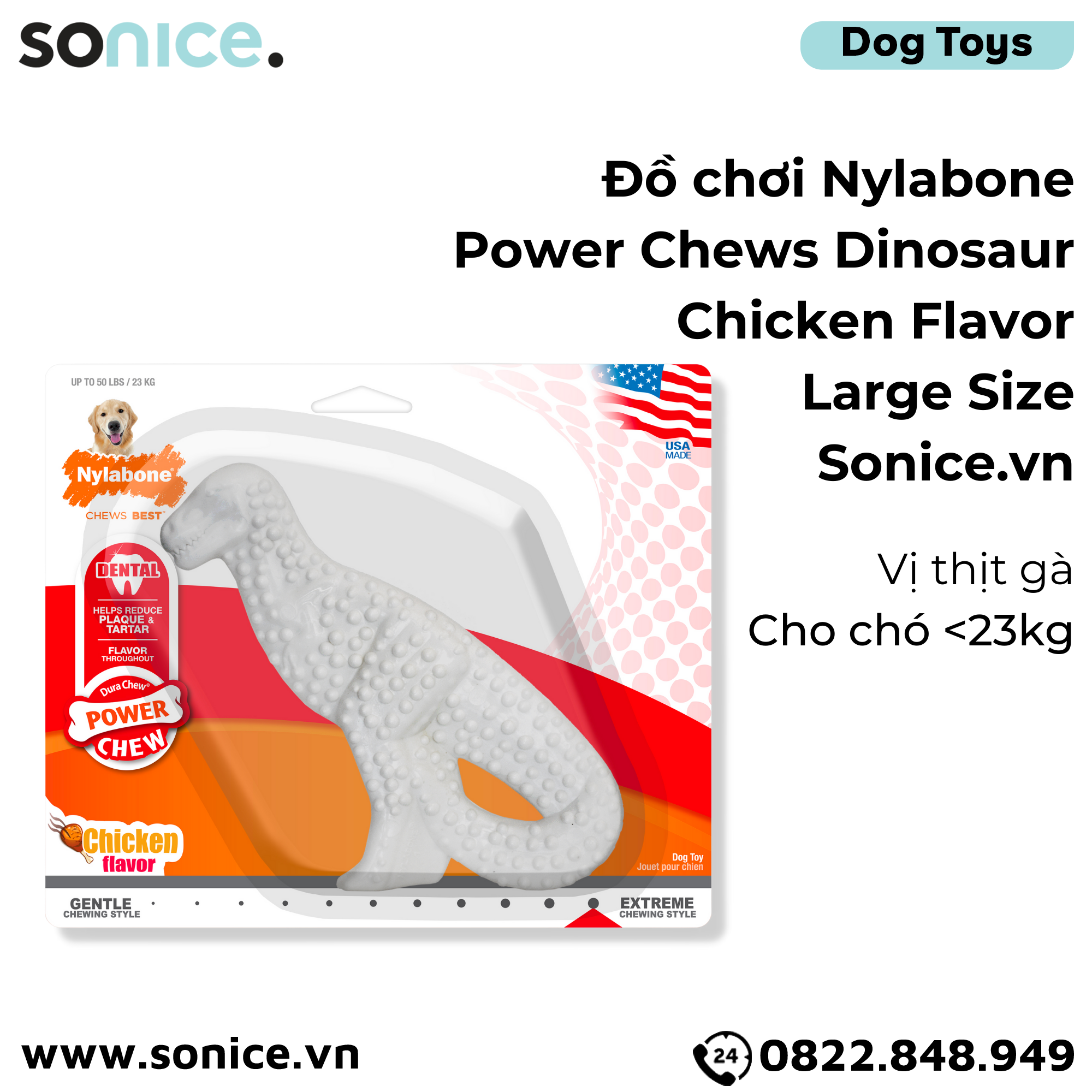  Đồ chơi Nylabone Power Chews Dinosaur Chicken Flavor Toys Large Size - Vị thịt gà, cho chó < 23kg SONICE. 