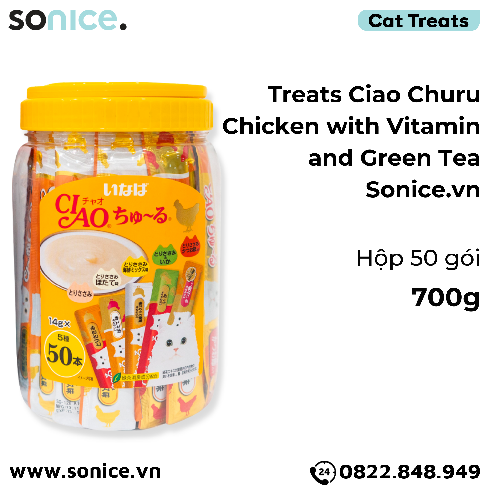  Treats Ciao Churu Chicken with Vitamin and Green Tea 700g - Hộp 50 gói mix SONICE. 