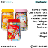  Combo Treats Ciao Churu Tuna, Chicken with Vitamin, Green Tea, Collagen and Fiber - 150 gói mix vị SONICE. 