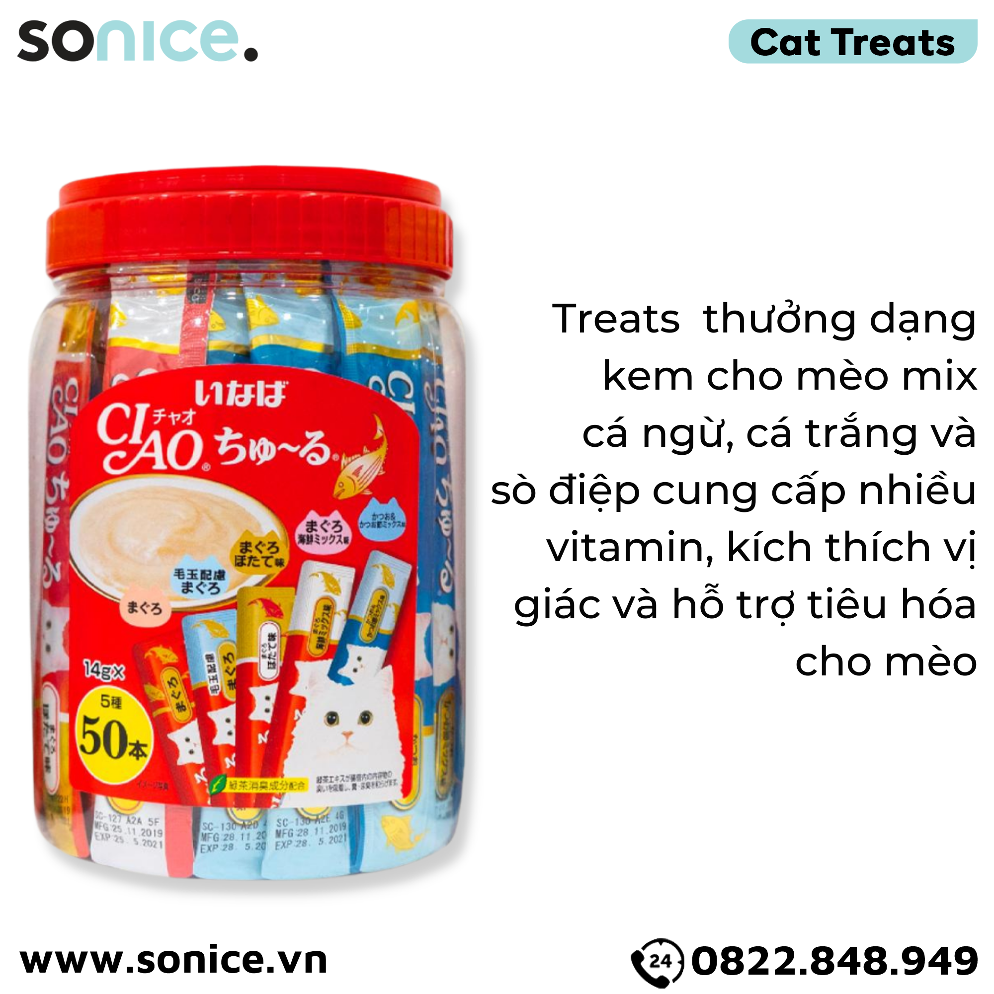  Treats Ciao Churu Tuna with Vitamin and Green Tea 700g - Hộp 50 gói mix SONICE. 