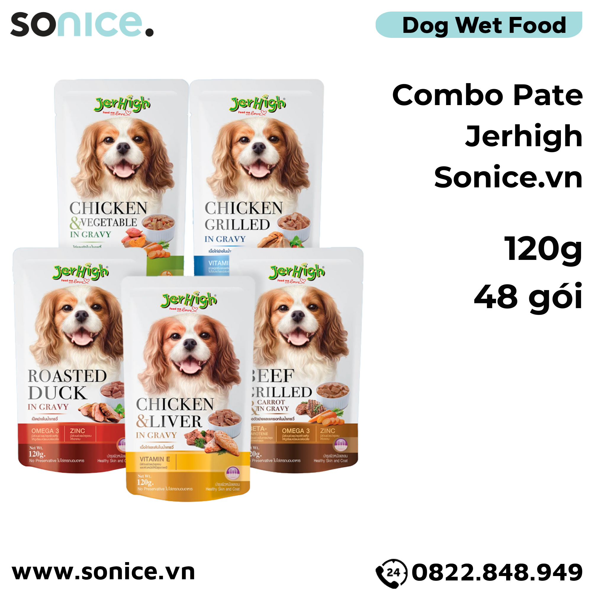  Combo Pate Jerhigh Chicken, Duck, Beef, Liver & Vegetable in Gravy 120g - mix vị 48 gói SONICE. 