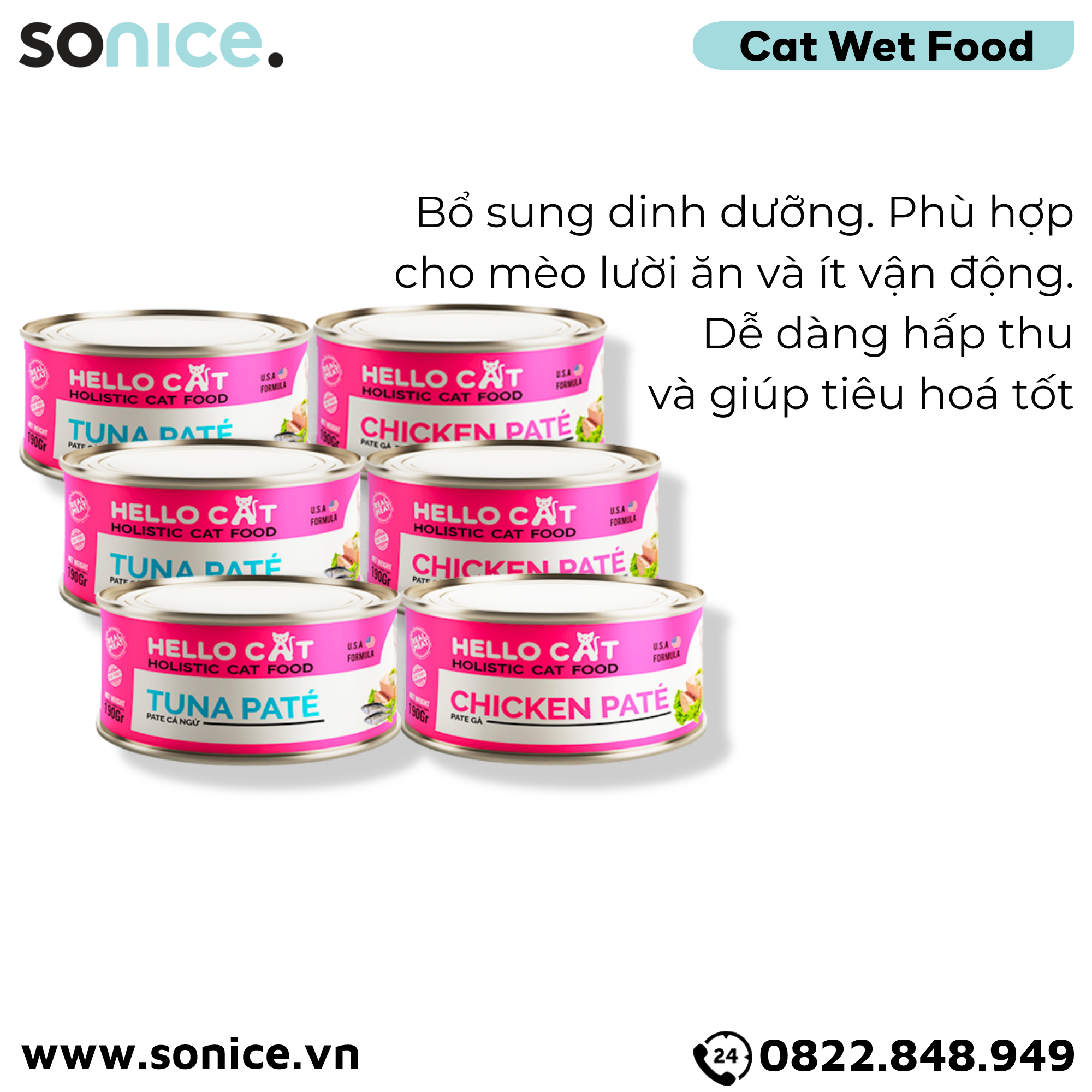  Combo Pate mèo HelloCat 190g - 12 lon, mix Gà & Cá Ngừ SONICE. 