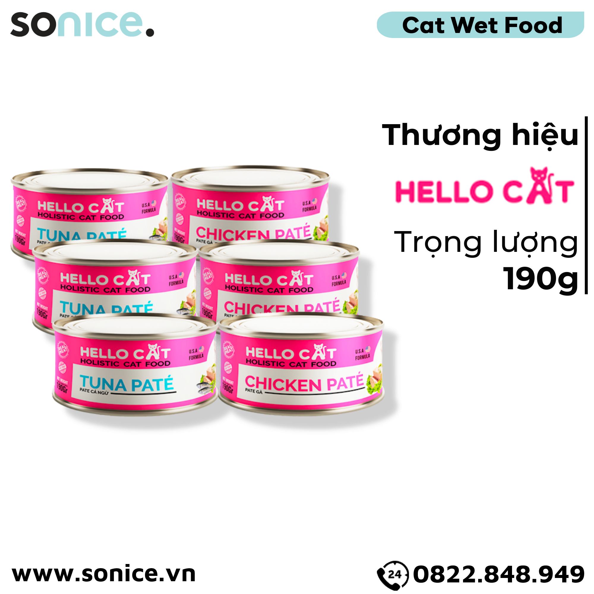  Combo Pate mèo HelloCat 190g - 12 lon, mix Gà & Cá Ngừ SONICE. 