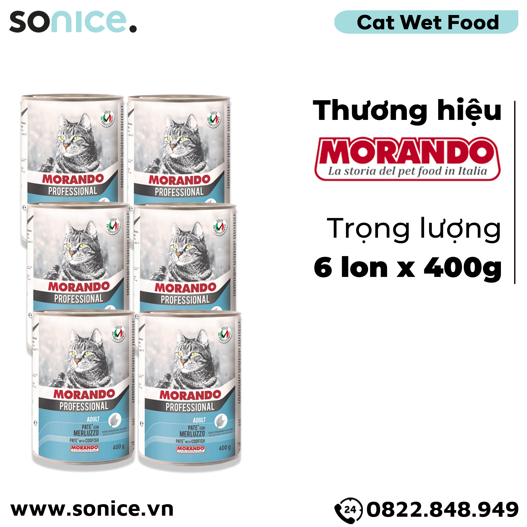  Combo Pate mèo Morando Codfish 400g - 6 lon - Vị Cá Tuyết SONICE. 