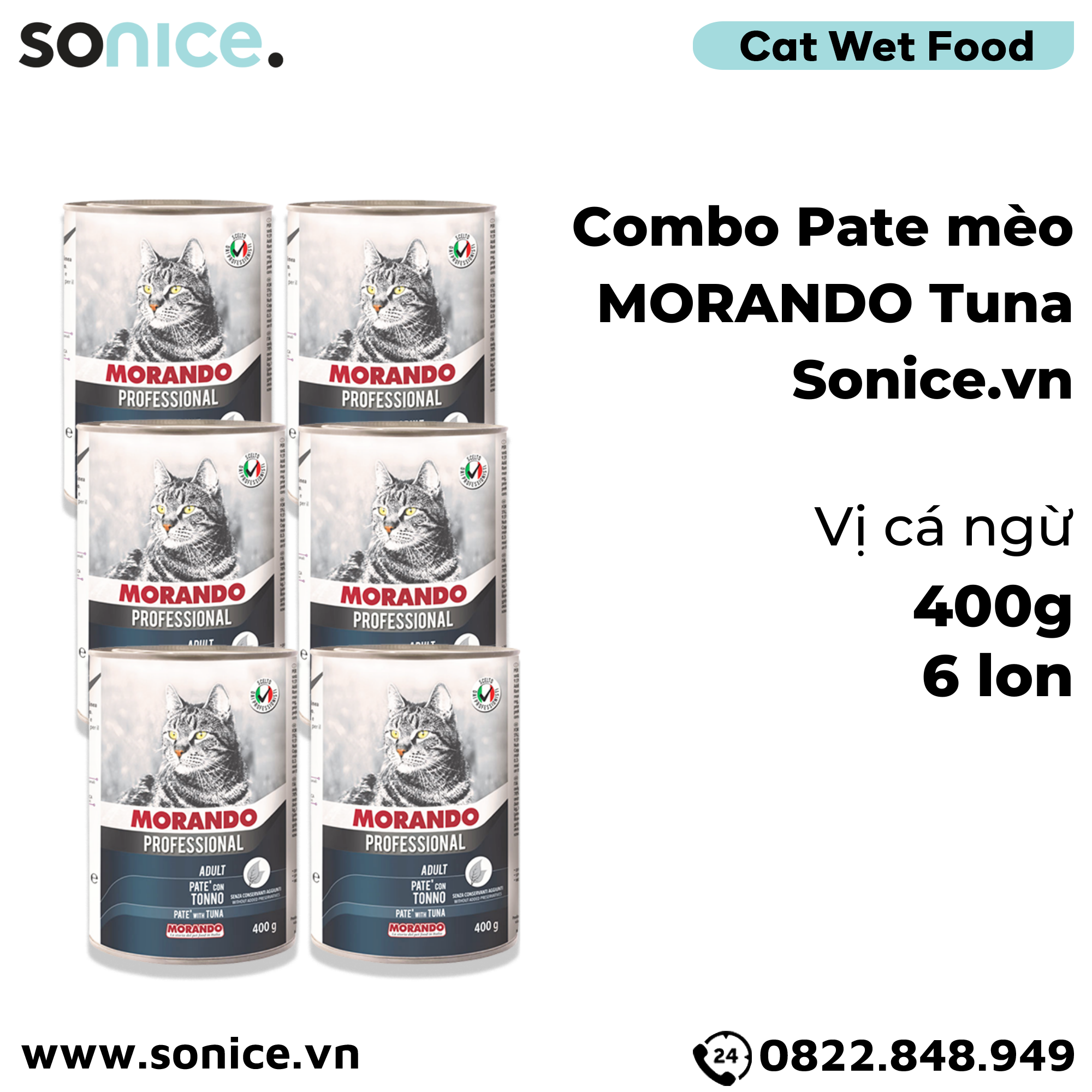  Combo Pate mèo Morando Tuna 400g - 6 lon - Vị Cá ngừ SONICE. 