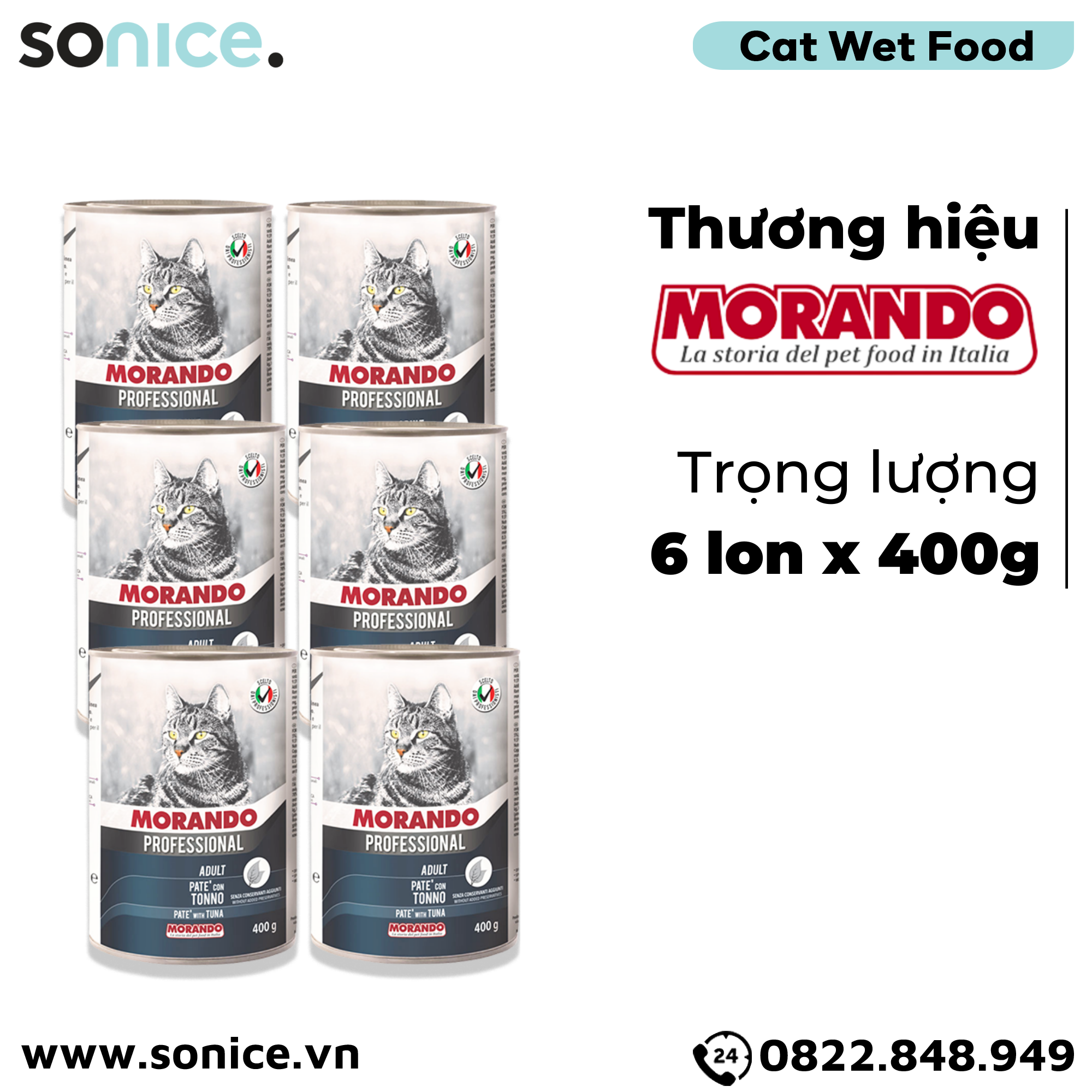  Combo Pate mèo Morando Tuna 400g - 6 lon - Vị Cá ngừ SONICE. 