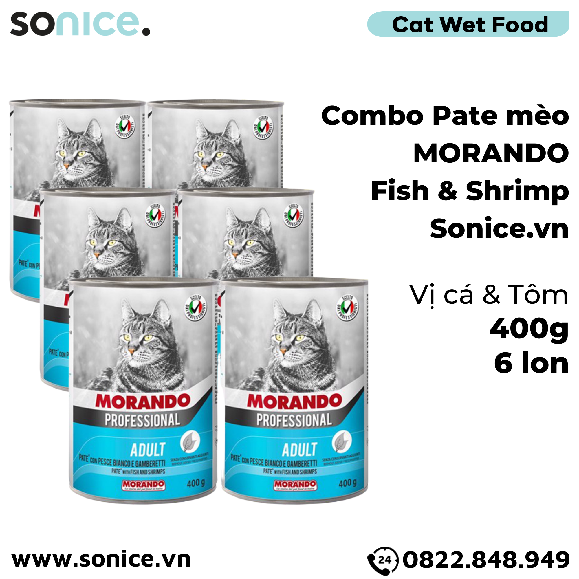  Combo Pate mèo Morando vị Cá & Tôm 400g - 6 lon  SONICE. 