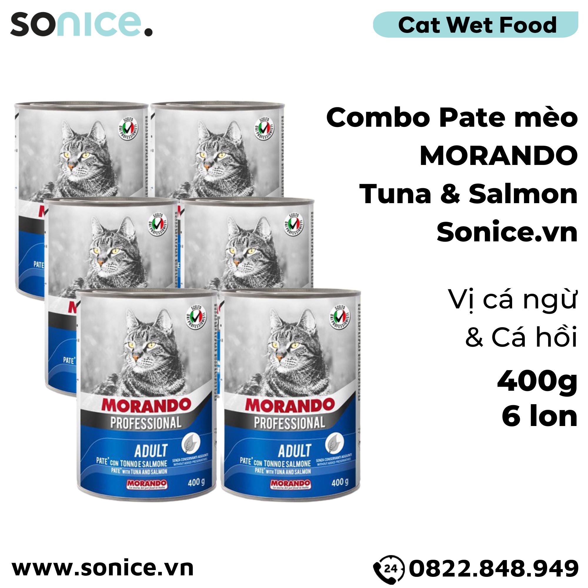  Combo Pate mèo Morando vị Cá Ngừ & Cá Hồi 400g - 6 lon SONICE. 