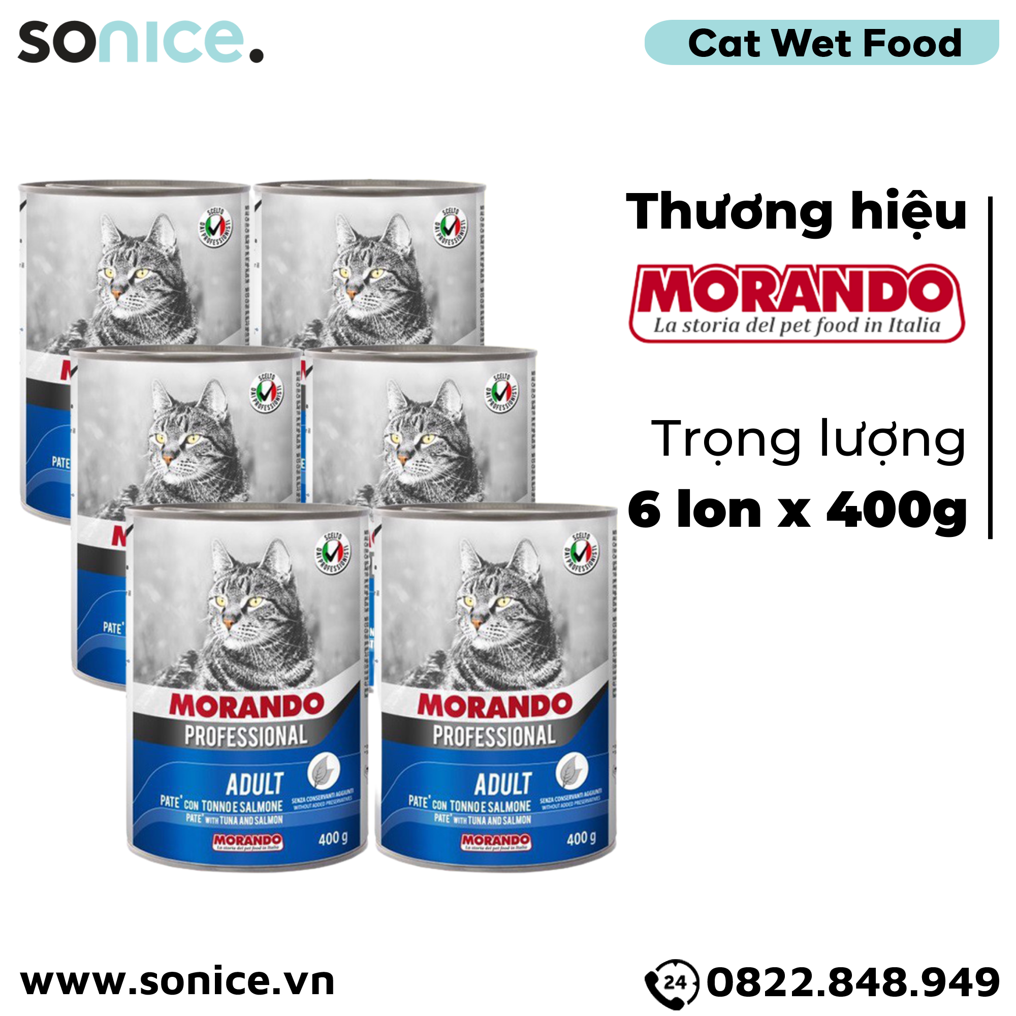  Combo Pate mèo Morando vị Cá Ngừ & Cá Hồi 400g - 6 lon SONICE. 