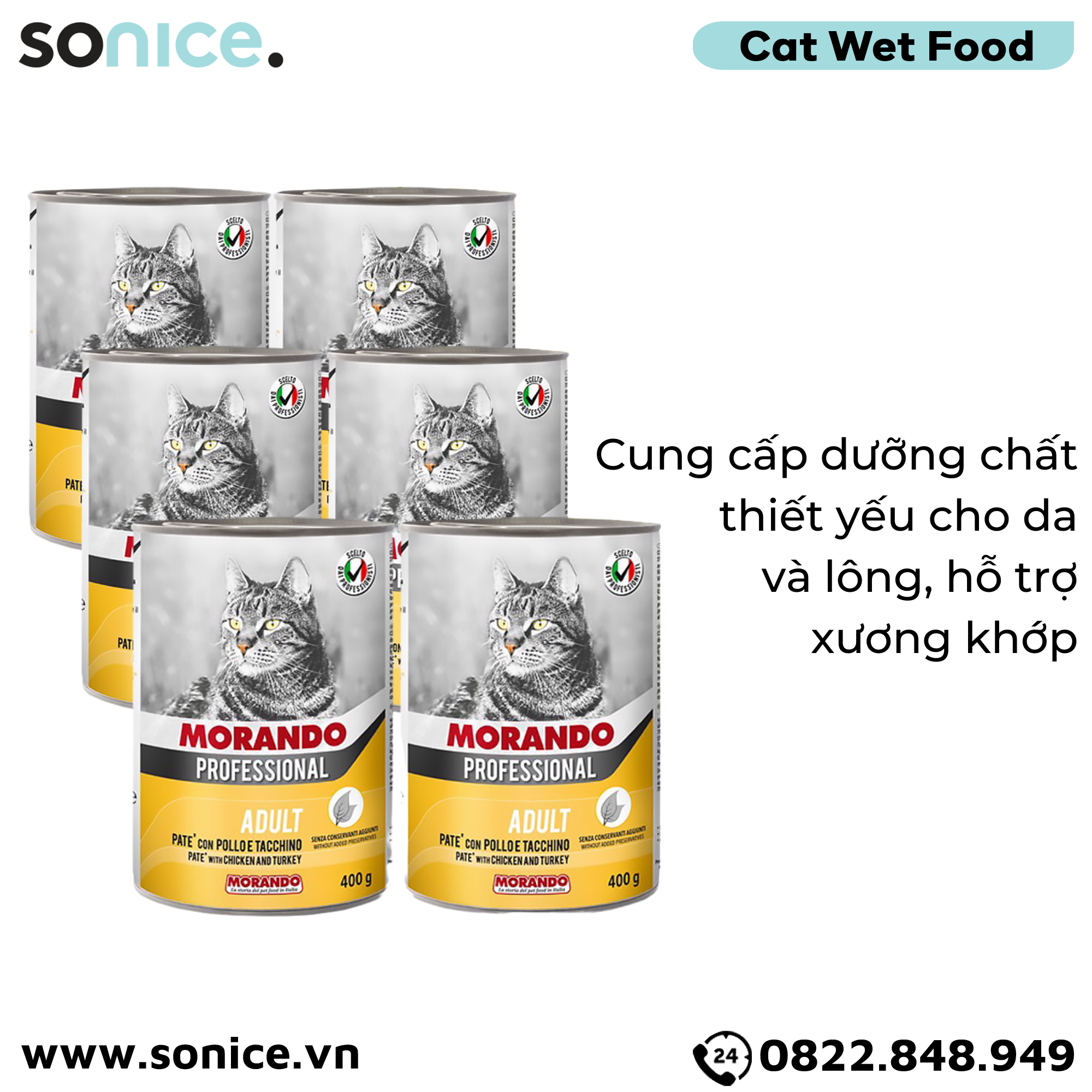  Combo Pate mèo Morando vị Gà tây 400g - 6 lon SONICE. 