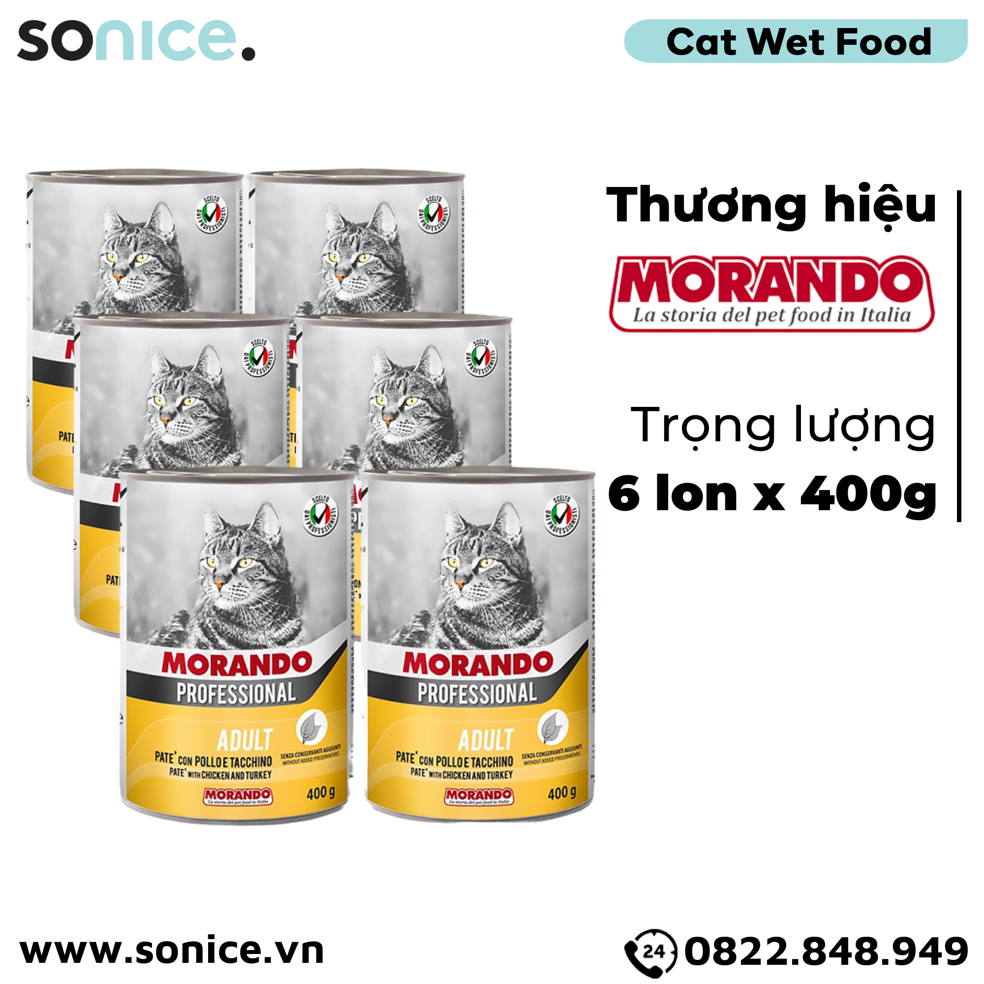  Combo Pate mèo Morando vị Gà tây 400g - 6 lon SONICE. 