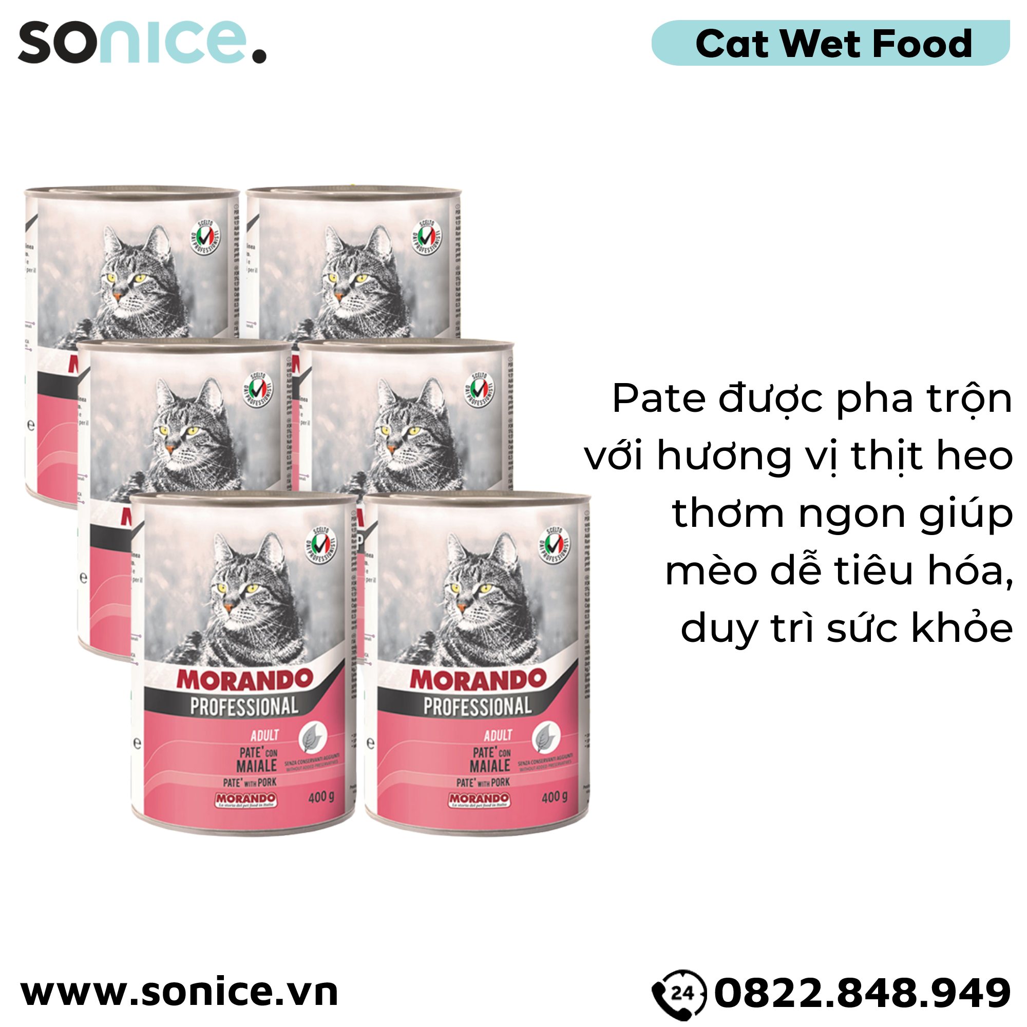  Combo Pate mèo Morando vị Thịt heo 400g - 6 lon SONICE. 