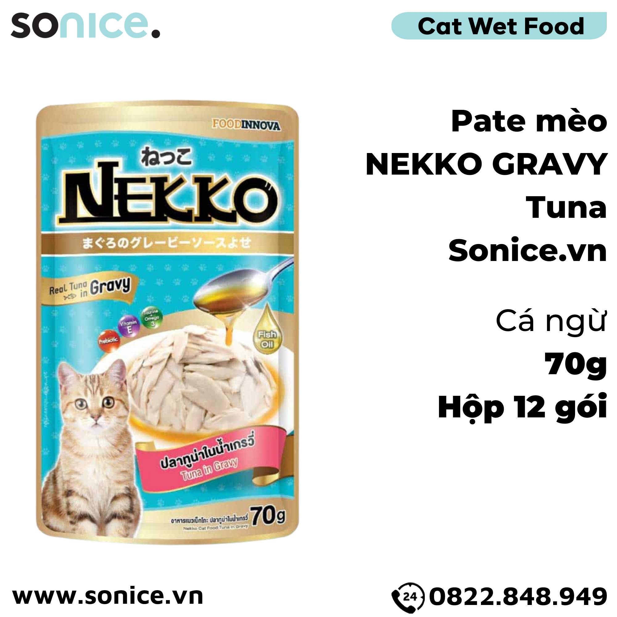  Pate mèo NEKKO GRAVY Cá Ngừ 70g - 1 hộp 12 gói SONICE. 