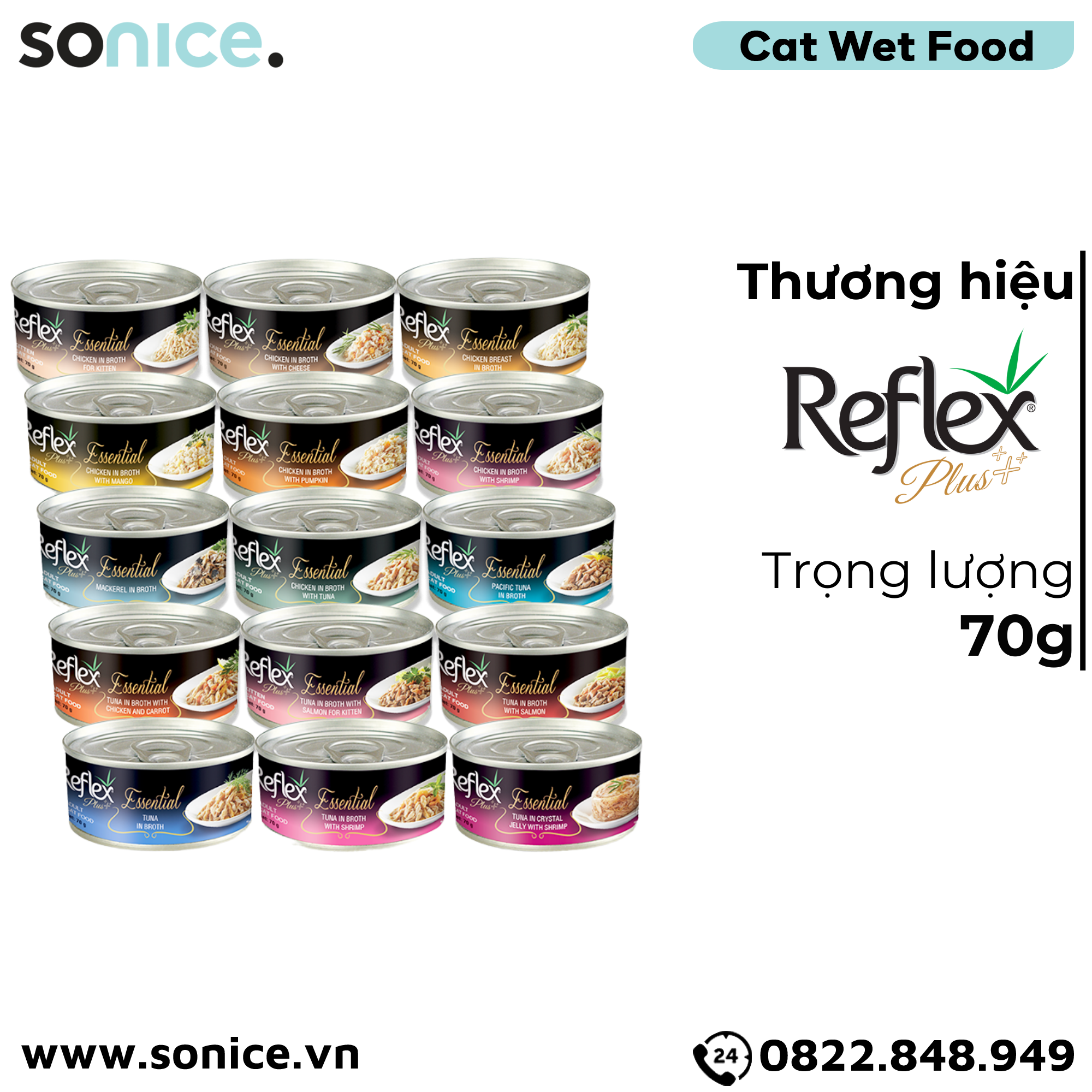  Combo Pate mèo Reflex Essential Plus Tuna 70g - Mix vị - 12 lon SONICE. 