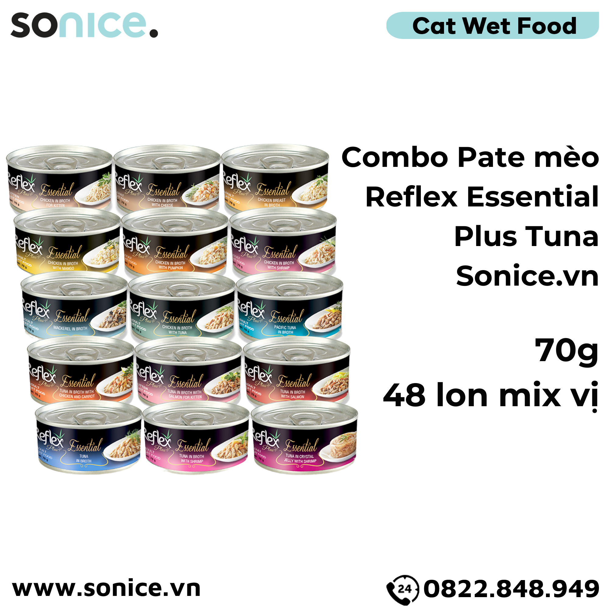  Combo Pate mèo Reflex Essential Plus Tuna 70g - Mix vị - 48 lon SONICE. 