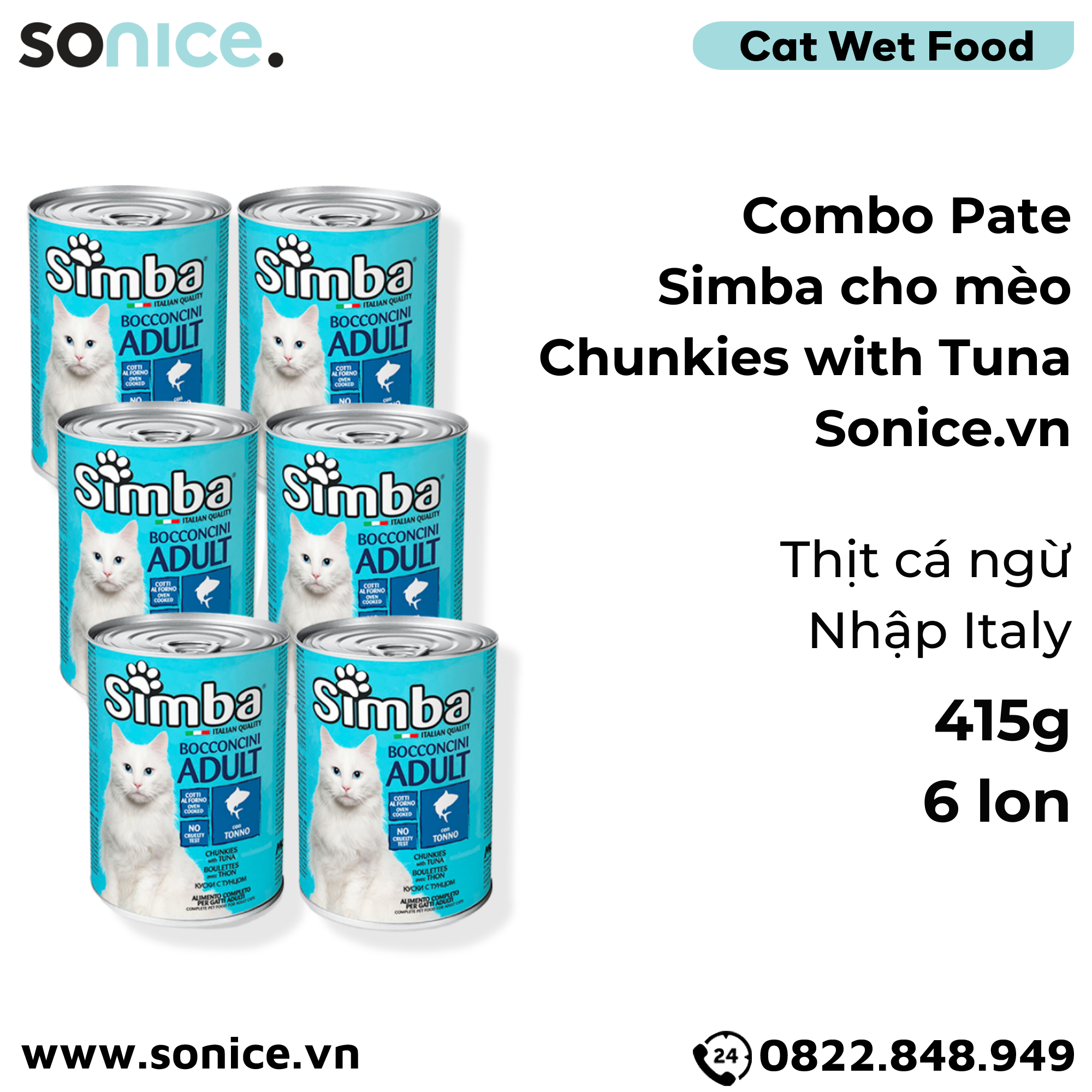  Combo Pate Simba cho Mèo Chunkies with Tuna 415g - 6 lon - Vị Cá ngừ Nhập Italy SONICE. 