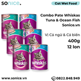  Combo Pate mèo WHISKAS 400g Mix vị - Cá ngừ & Cá biển - 12 lon SONICE. 