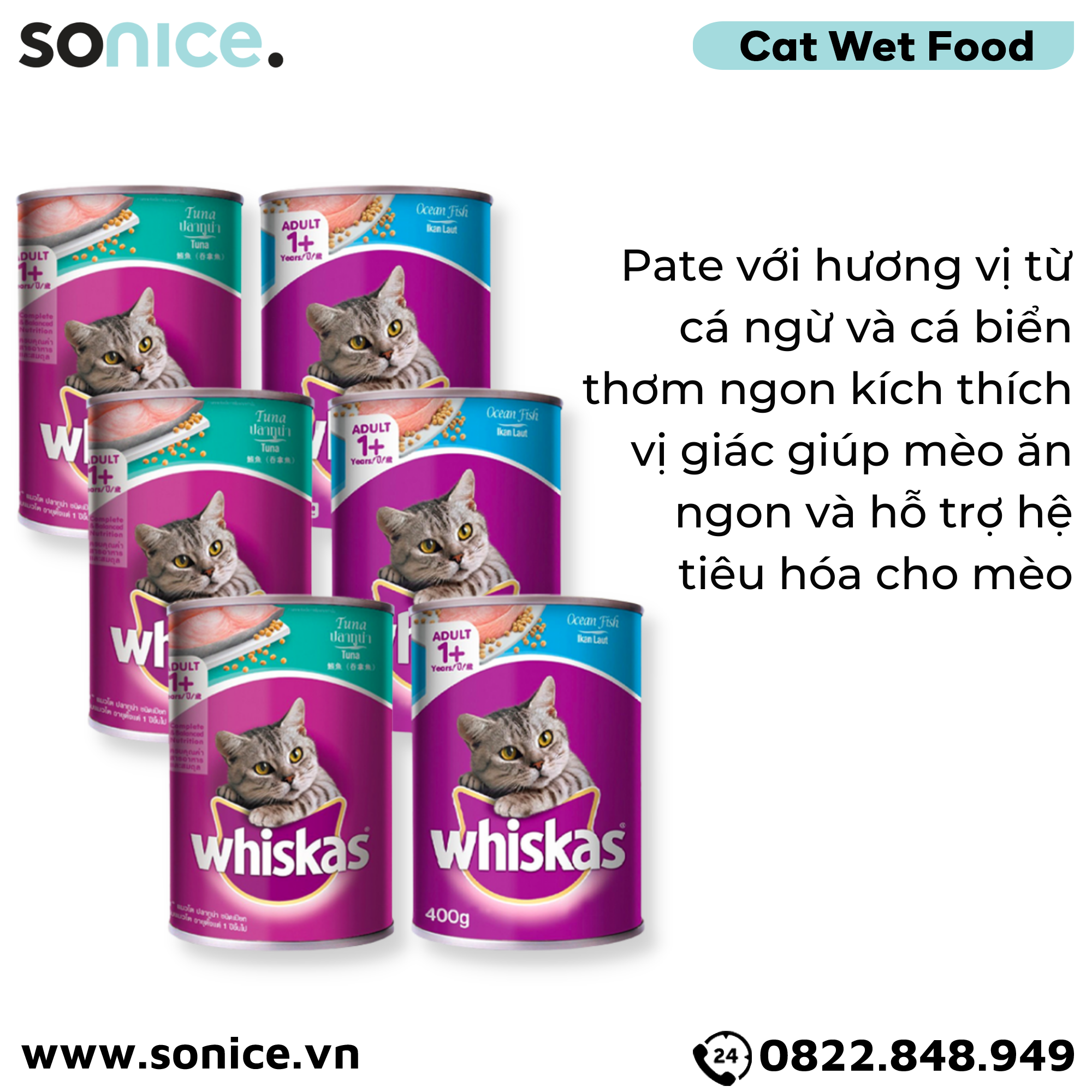  Combo Pate mèo WHISKAS 400g Mix vị - Cá ngừ & Cá biển - 12 lon SONICE. 