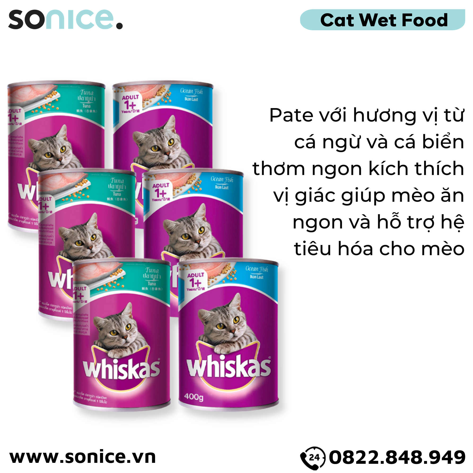  Combo Pate mèo WHISKAS 400g Mix vị - Cá ngừ & Cá biển - 48 lon SONICE. 