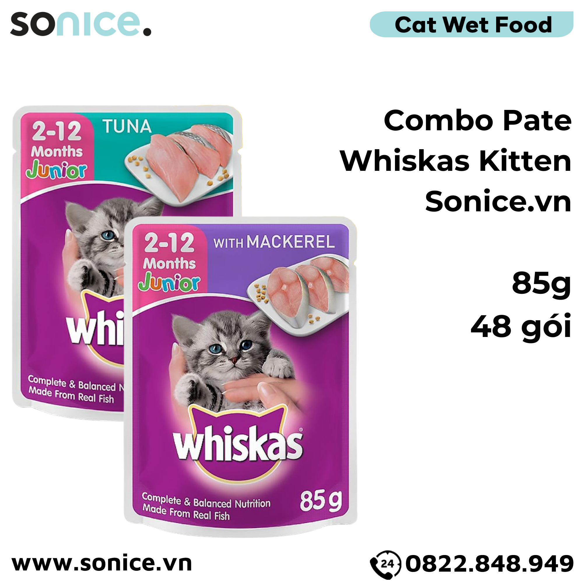  Combo Pate Mèo Whiskas Kitten 85g - 48 gói SONICE. 