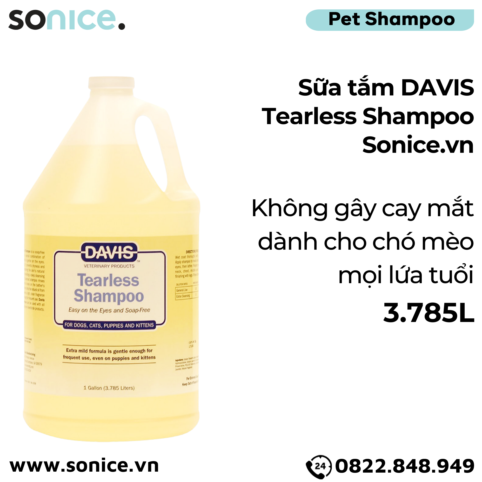  Sữa tắm DAVIS Tearless Shampoo 3.785L - Không gây cay mắt, dành cho chó mèo mọi lứa tuổi SONICE. 