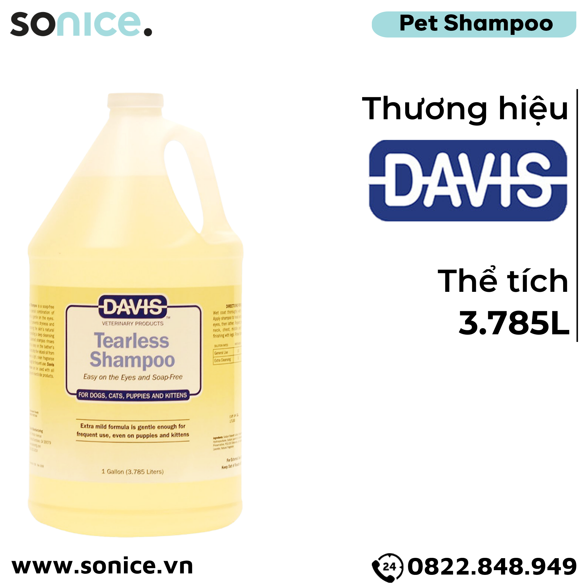  Sữa tắm DAVIS Tearless Shampoo 3.785L - Không gây cay mắt, dành cho chó mèo mọi lứa tuổi SONICE. 