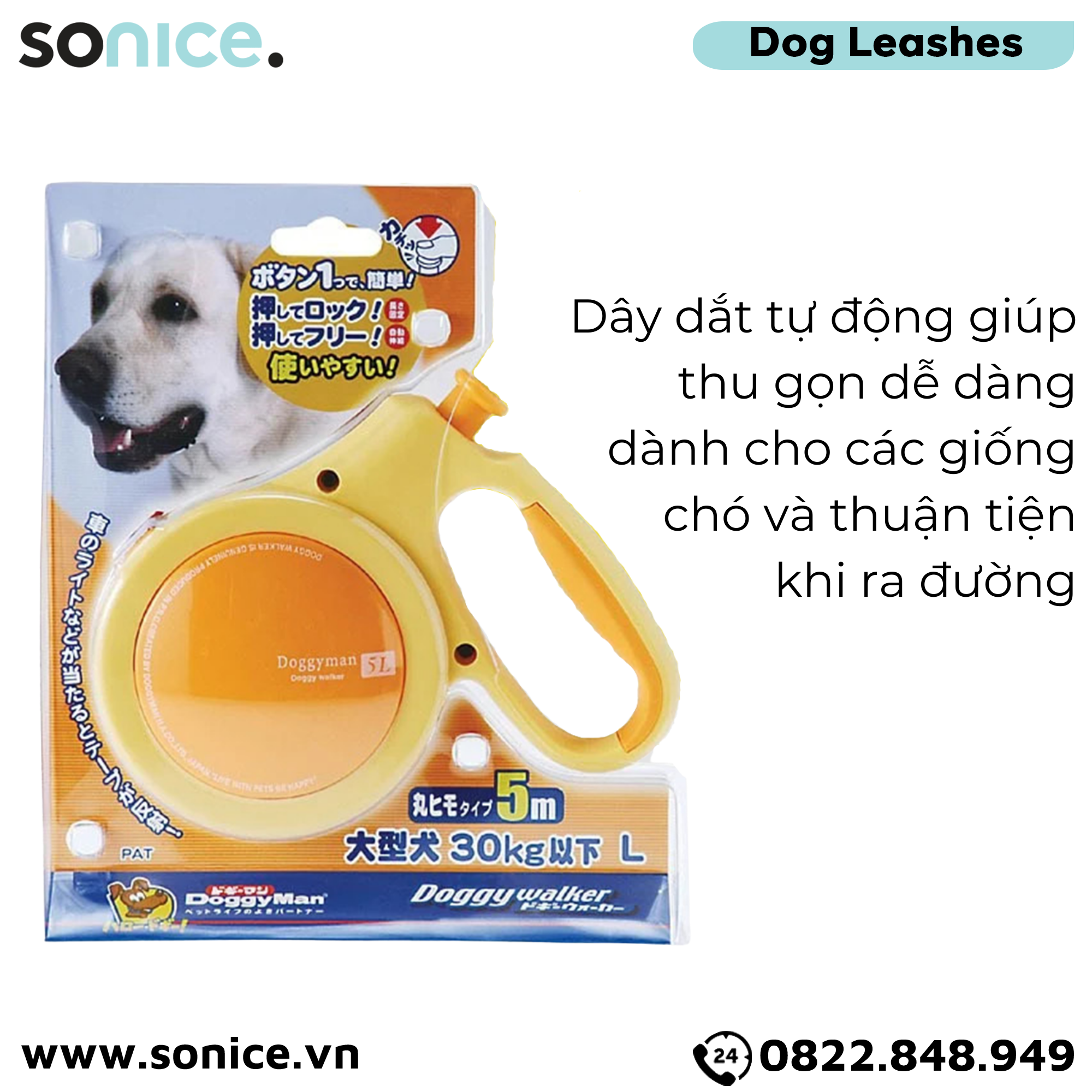  Dây dắt tự động DoggyMan Doggy Walker size L - 30kg | 5m - Màu cam SONICE. 