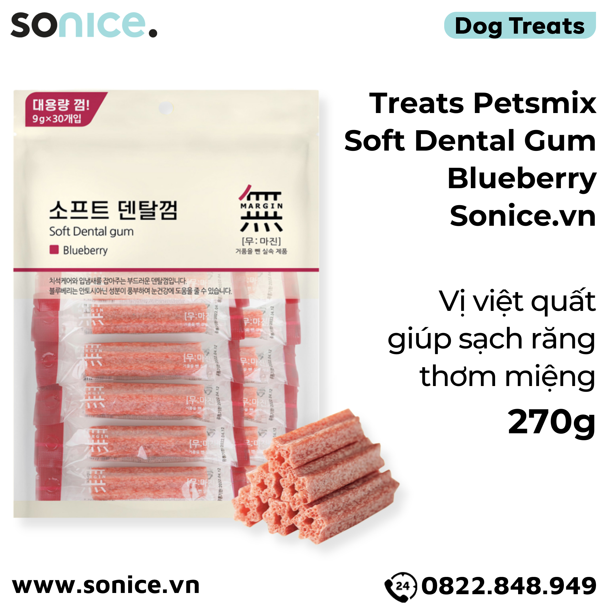  Treats Petsmix Soft Dental Gum Blueberry 270g - 30 cây vị Việt quất, sạch răng thơm miệng SONICE. 