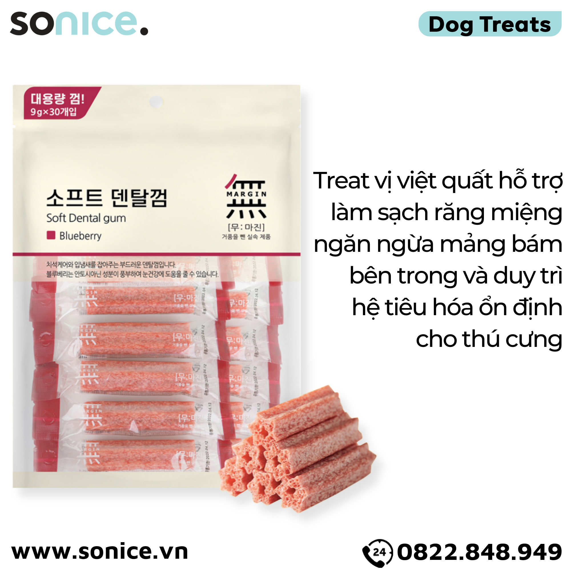  Treats Petsmix Soft Dental Gum Blueberry 270g - 30 cây vị Việt quất, sạch răng thơm miệng SONICE. 