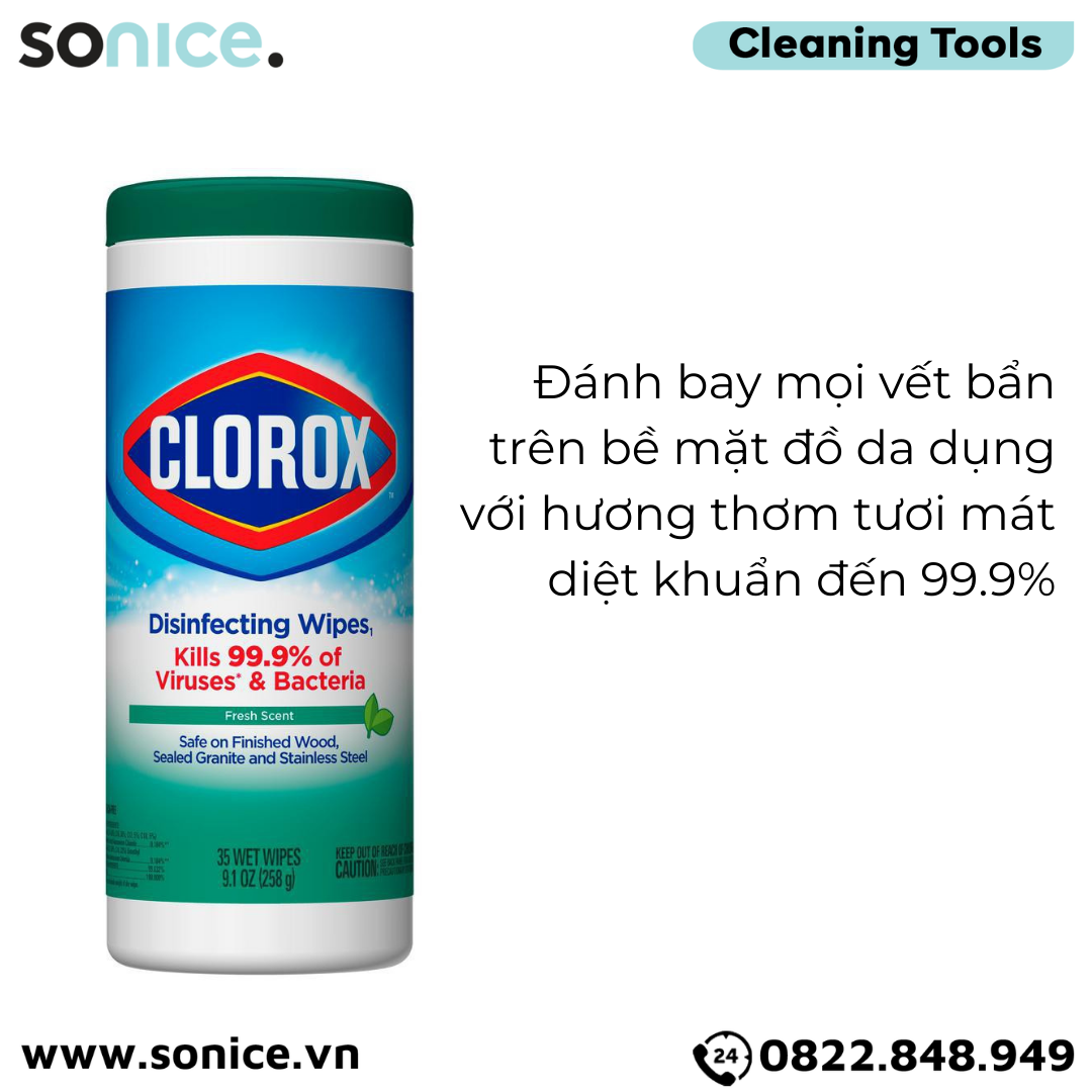  Khăn giấy ướt diệt khuẩn Clorox Disinfecting Wipes Fresh Scent 258g - 35 miếng - Hương tươi mát, hỗ trợ diệt khuẩn không gian sống SONICE. 