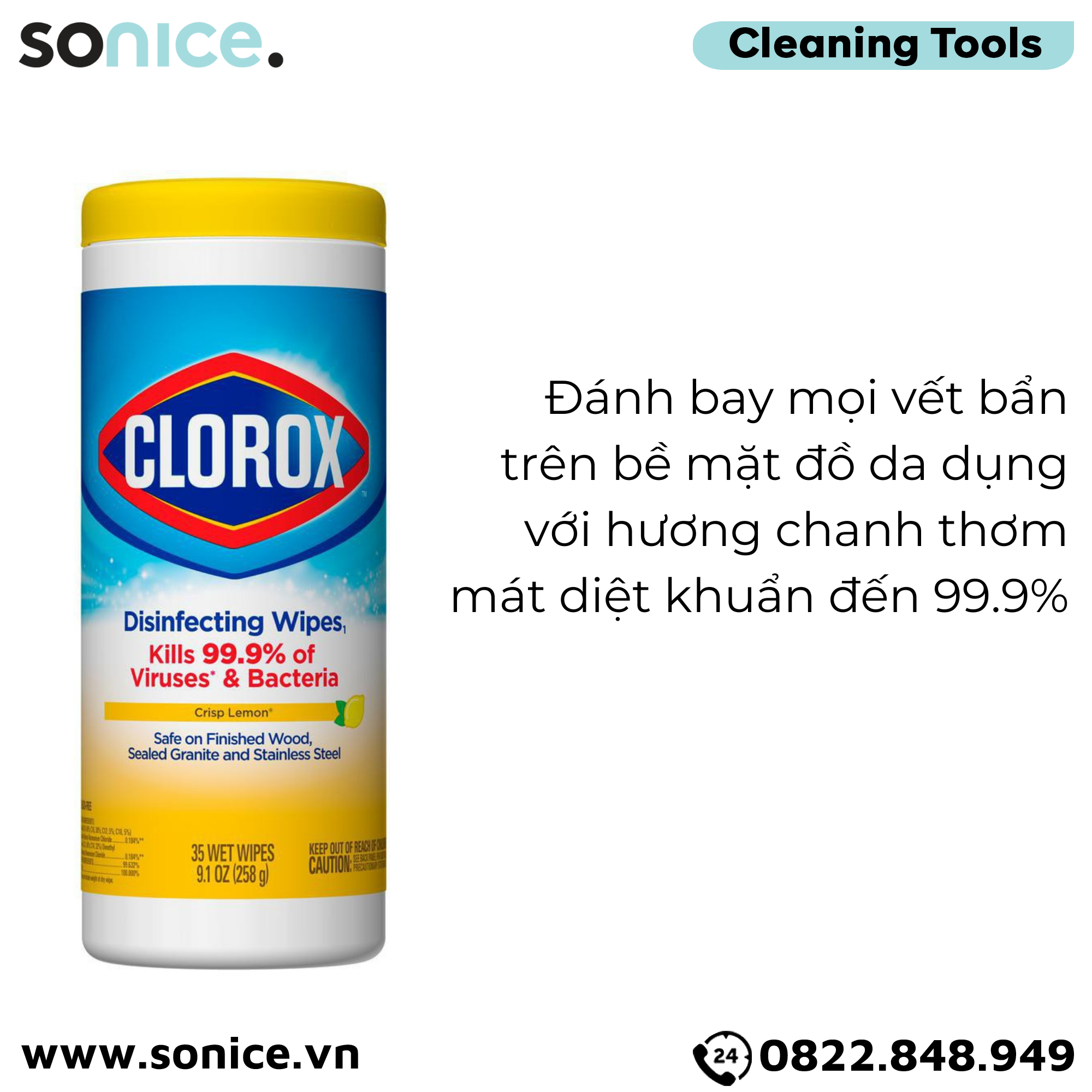  Khăn giấy ướt diệt khuẩn Clorox Disinfecting Wipes Crisp Lemon 258g - 35 miếng - Hương chanh, hỗ trợ diệt khuẩn không gian sống 