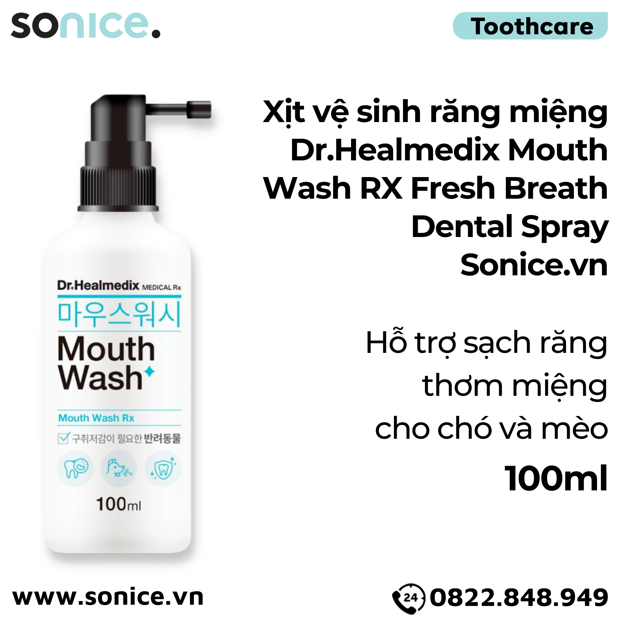  Xịt vệ sinh răng miệng Dr.Healmedix Mouth Wash RX Fresh Breath Dental Spray 100ml - Hỗ trợ sạch răng thơm miệng cho chó, mèo SONICE. 