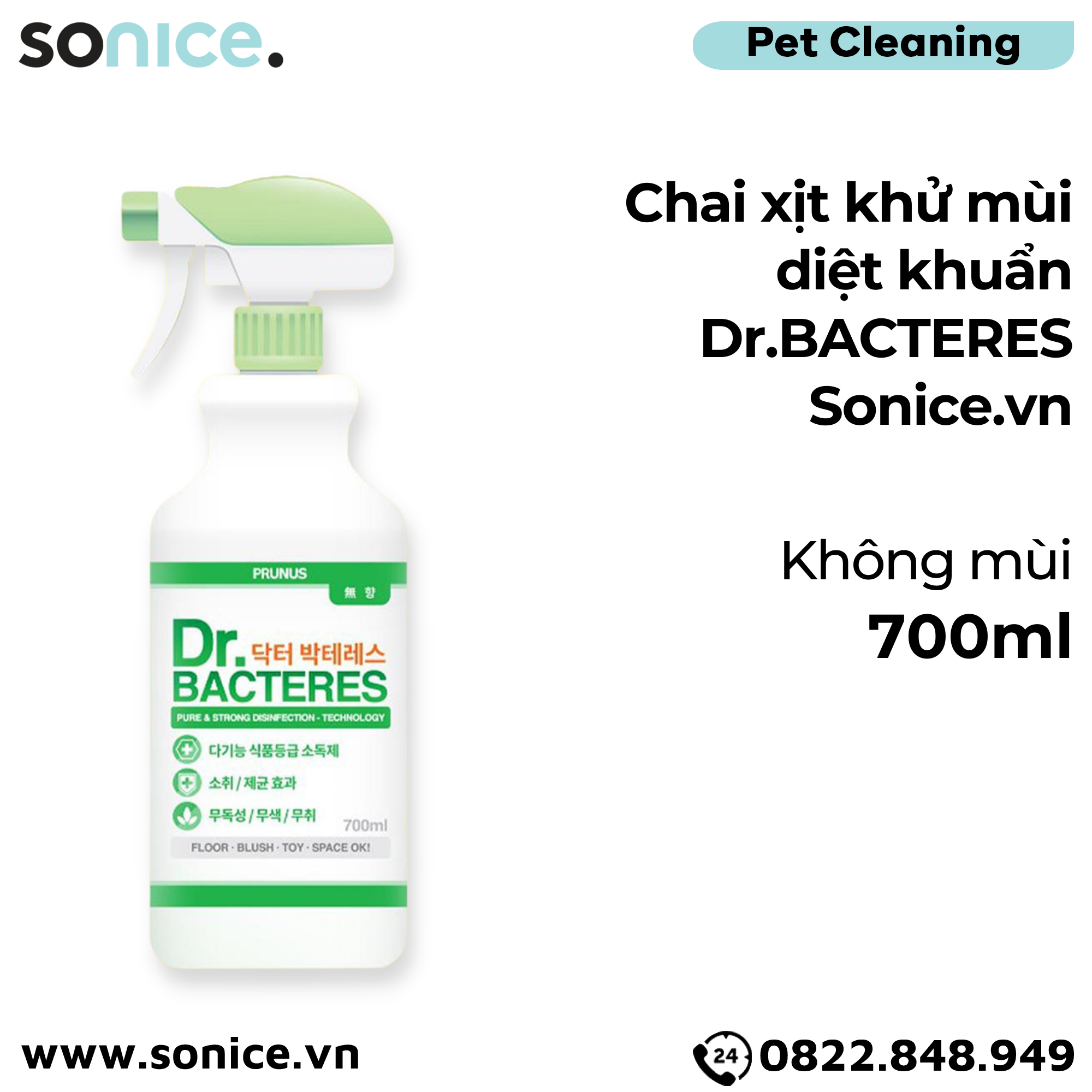  Chai xịt khử mùi diệt khuẩn Dr.BACTERES 700ml - Không mùi SONICE. 