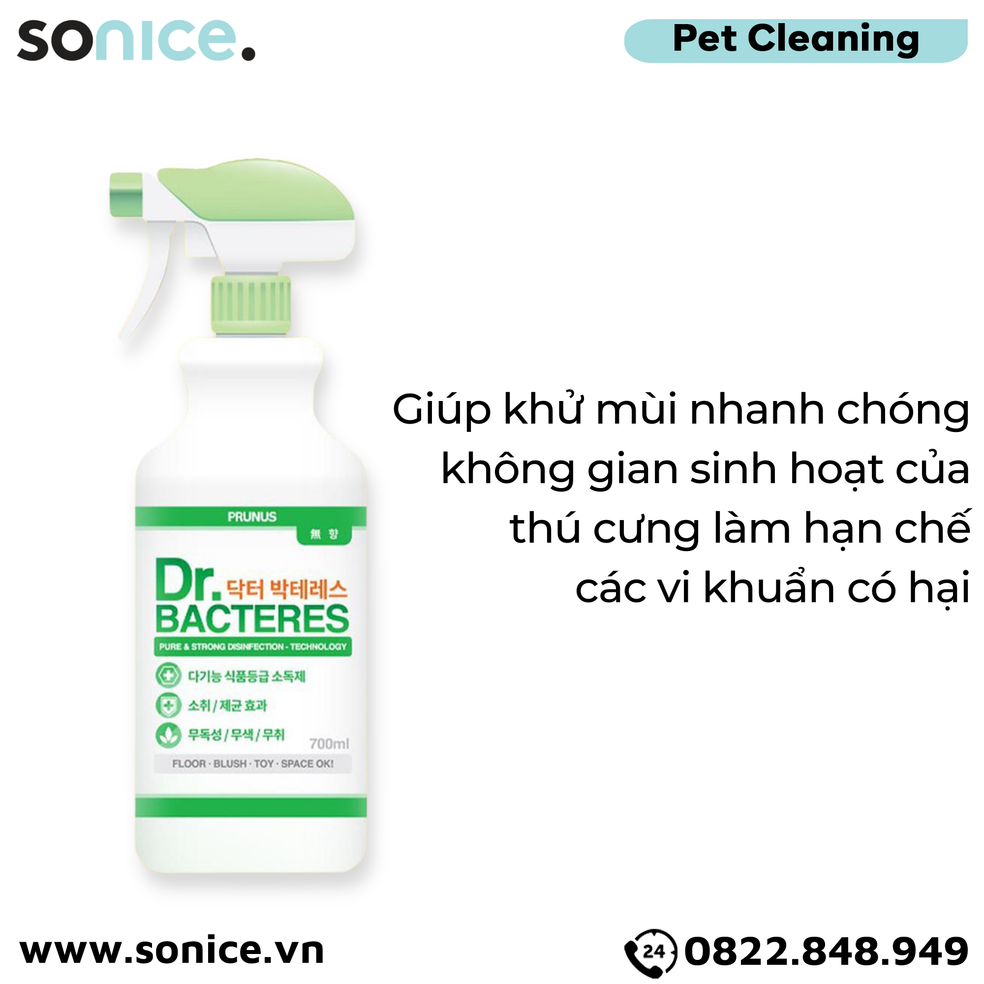  Chai xịt khử mùi diệt khuẩn Dr.BACTERES 700ml - Không mùi SONICE. 