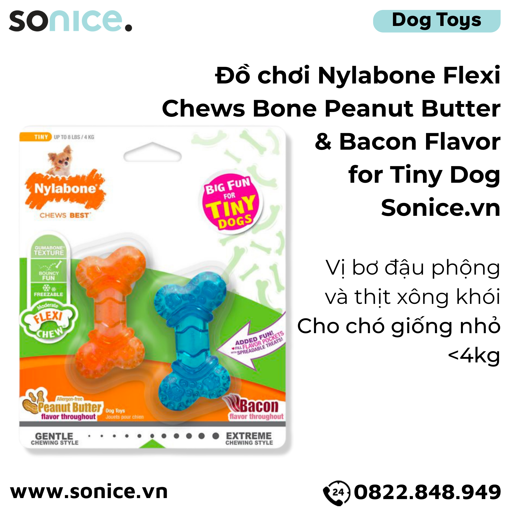  Đồ chơi Nylabone Flexi Chews Bone Peanut Butter & Bacon Flavor for Tiny dog Toys - Vị bơ đậu phộng và thịt xông khói, cho chó giống nhỏ < 4kg SONICE. 