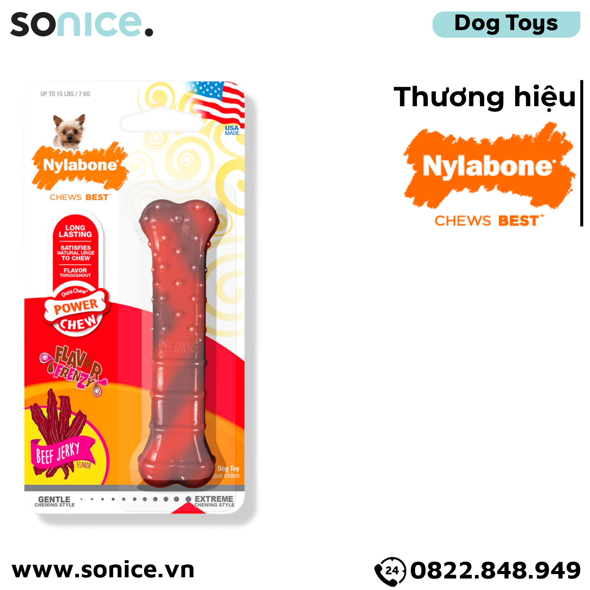  Đồ chơi Nylabone Long Lasting Power Chew Beef Jerky Flavor Toys X-Small Size - Vị khô bò, cho chó < 7kg SONICE. 