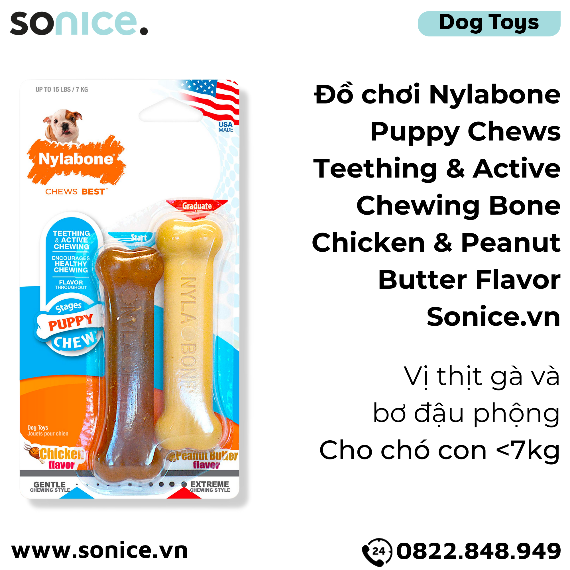  Đồ chơi Nylabone Puppy Chews Teething & Active Chewing Bone Chicken & Peanut Butter Flavor Toys - Vị thịt gà và bơ đậu phộng, cho chó con < 7kg SONICE. 