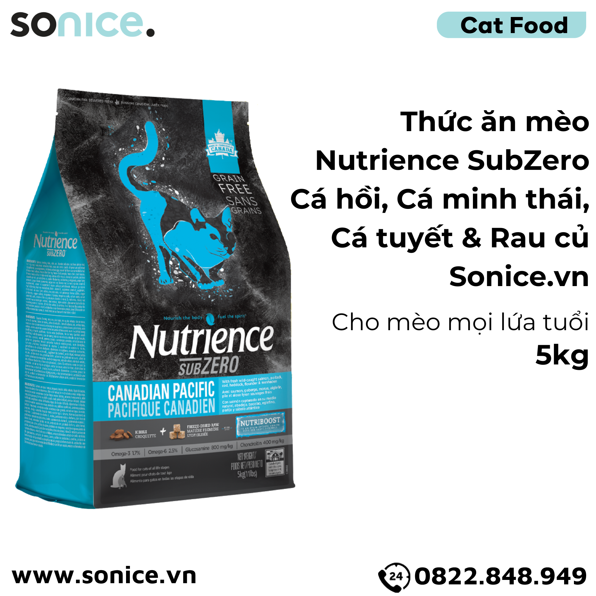  Thức ăn mèo Nutrience SubZero Cá hồi, Cá minh thái, Cá tuyết & Rau củ 5kg - Cho mèo mọi lứa tuổi SONICE. 