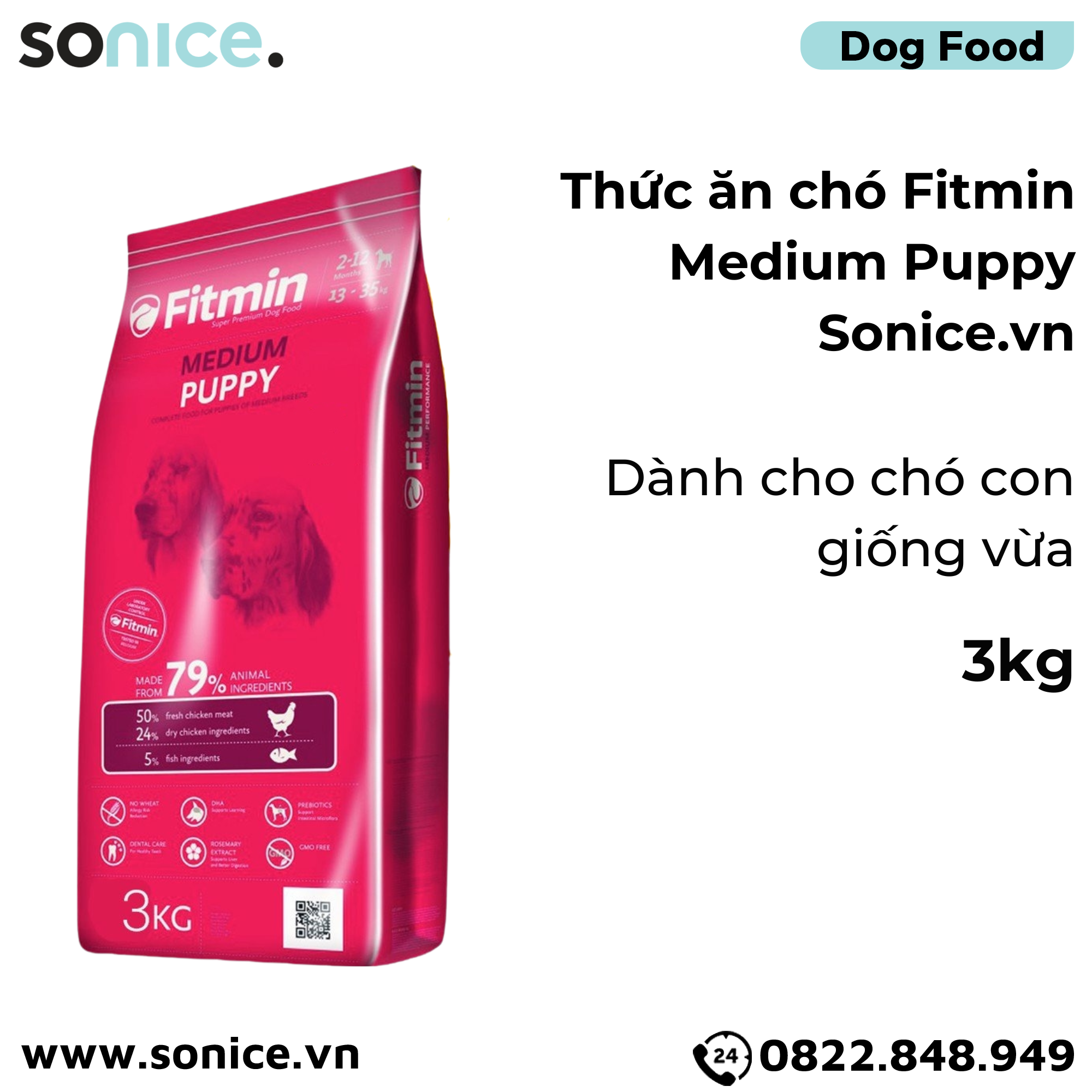  Thức ăn chó FITMIN Medium Puppy 3kg - chó con giống vừa SONICE. 