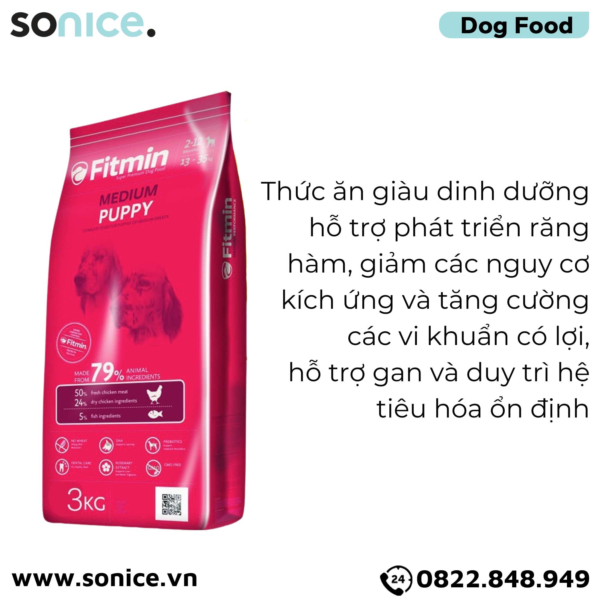  Thức ăn chó FITMIN Medium Puppy 3kg - chó con giống vừa SONICE. 