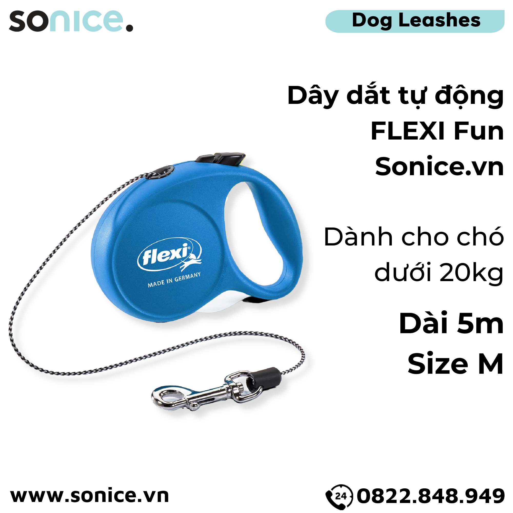  Dây dắt tự động FLEXI Fun M - Dây tròn 5m, < 20kg SONICE. 