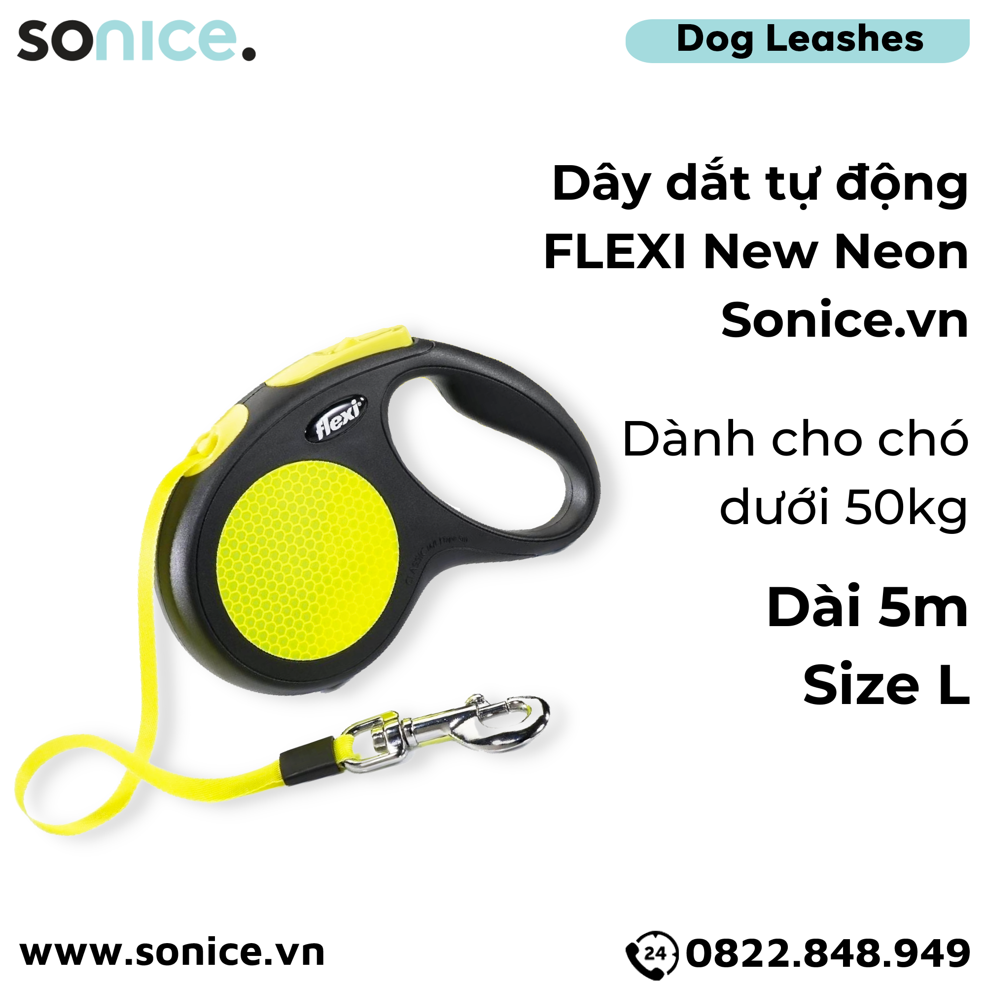  Dây dắt tự động FLEXI New Neon L - Dây dẹp 5m, < 50kg SONICE. 