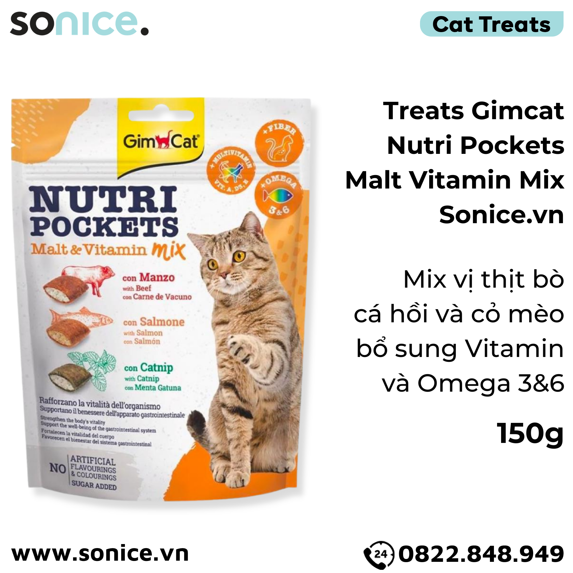  Treats Gimcat Nutri Pockets Malt Vitamin Mix 150g - Mix vị thịt bò, cá hồi và cỏ mèo, bổ sung Vitamin và Omega 3&6 SONICE. 