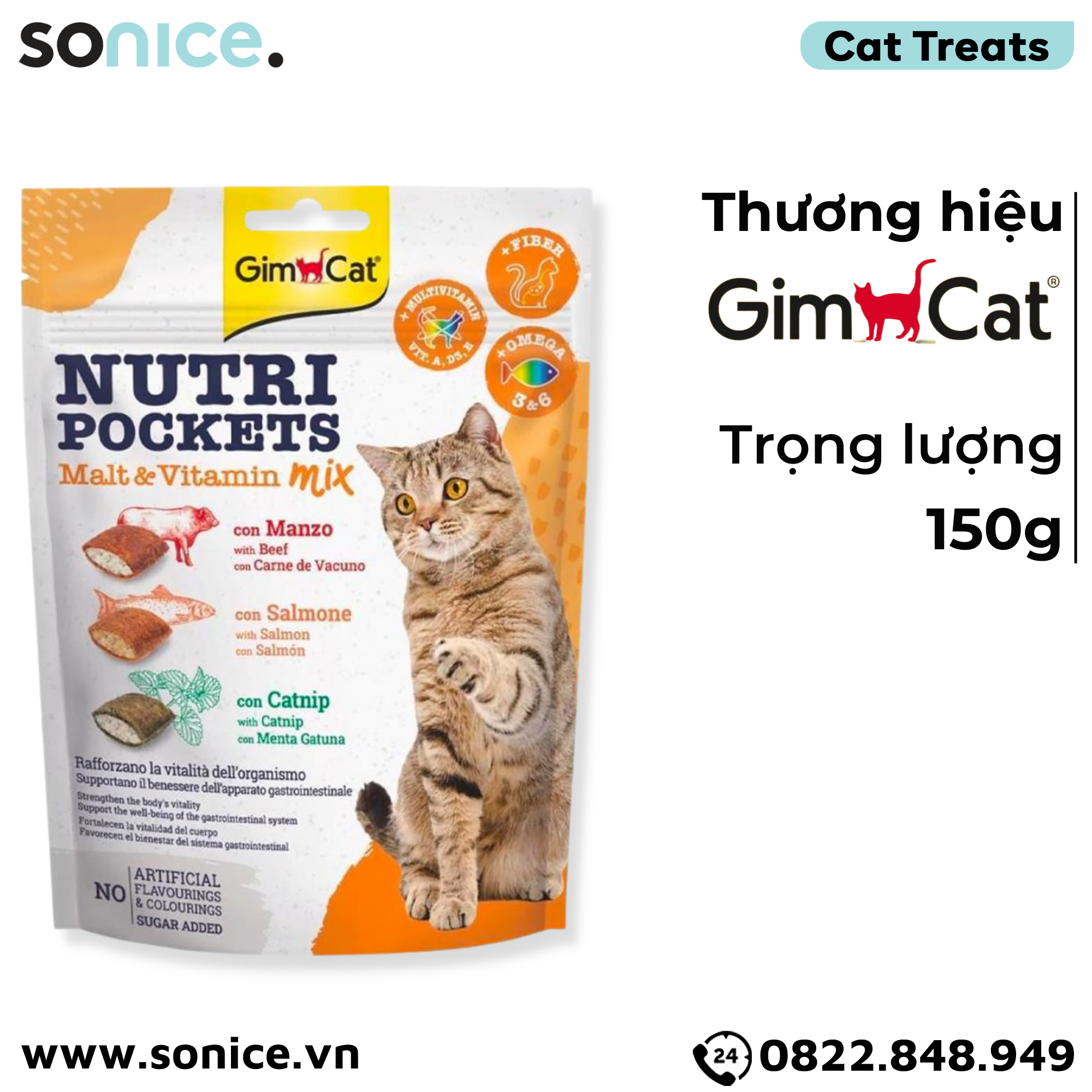  Treats Gimcat Nutri Pockets Malt Vitamin Mix 150g - Mix vị thịt bò, cá hồi và cỏ mèo, bổ sung Vitamin và Omega 3&6 SONICE. 